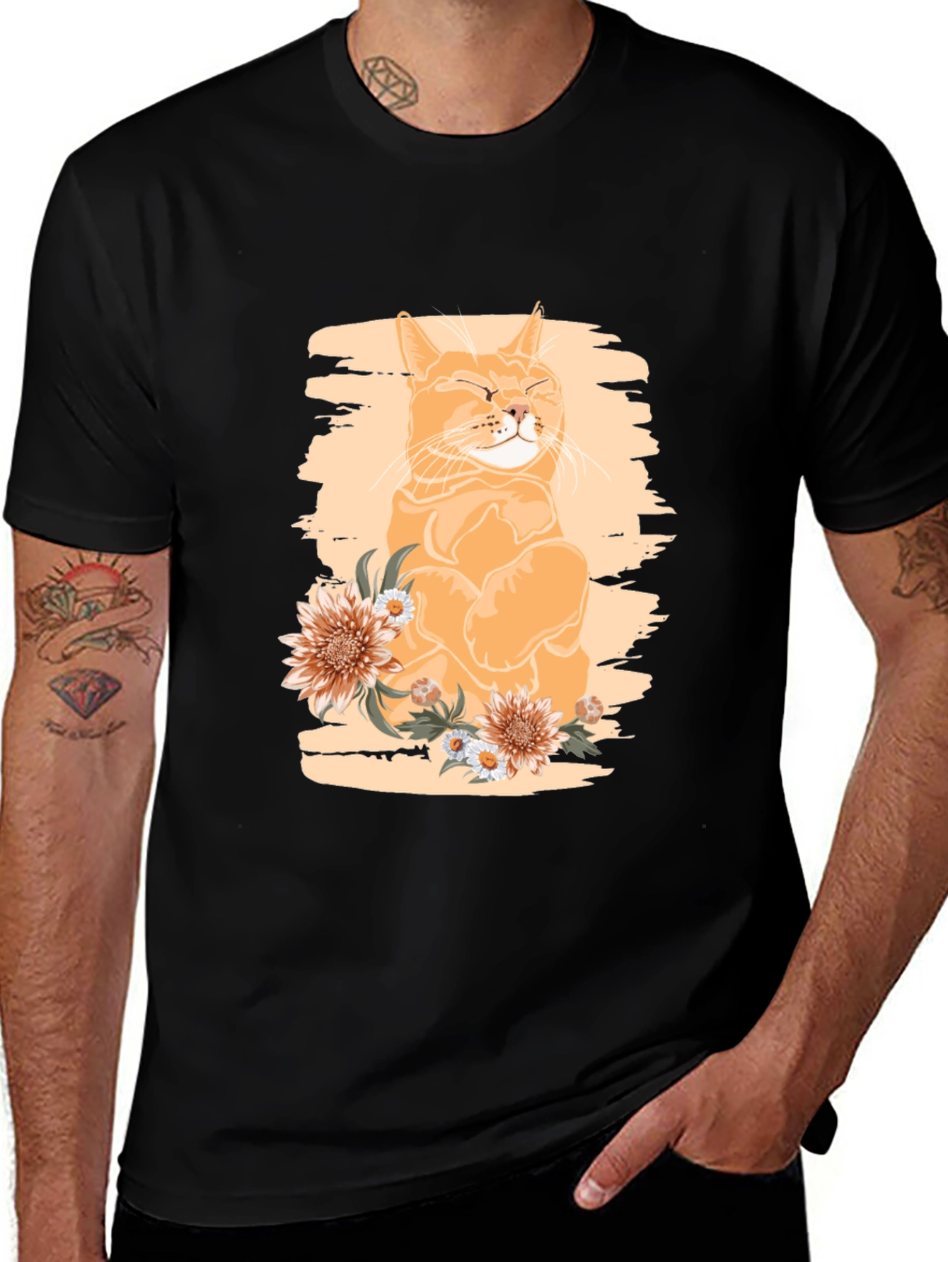 Variant 18 of Cat & Flowers Graphic Print Black T-Shirt