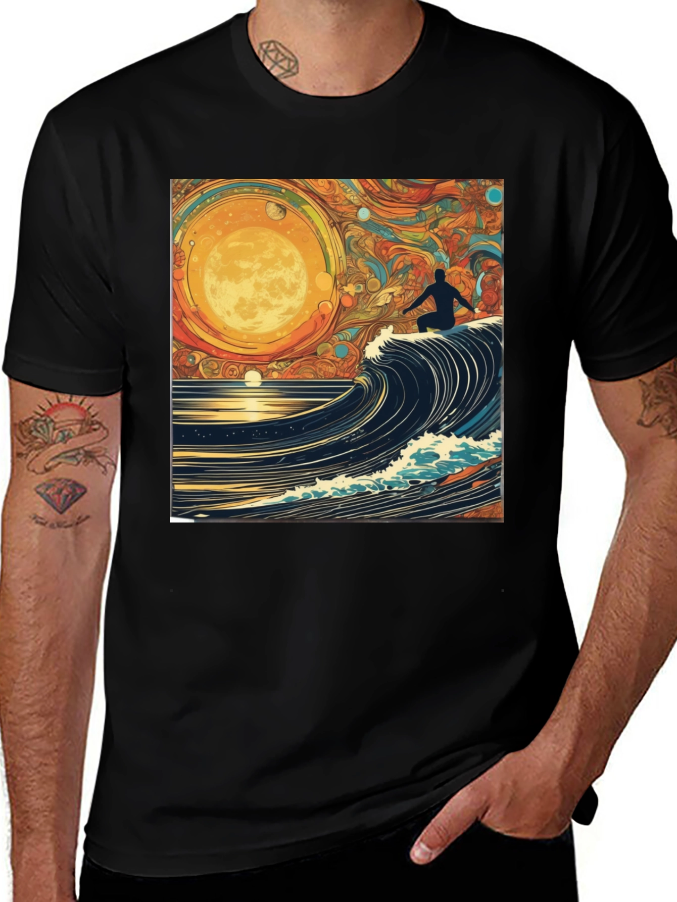 Variant 29 of Surfing Wave Graphic Tee - Mens Black T-Shirt