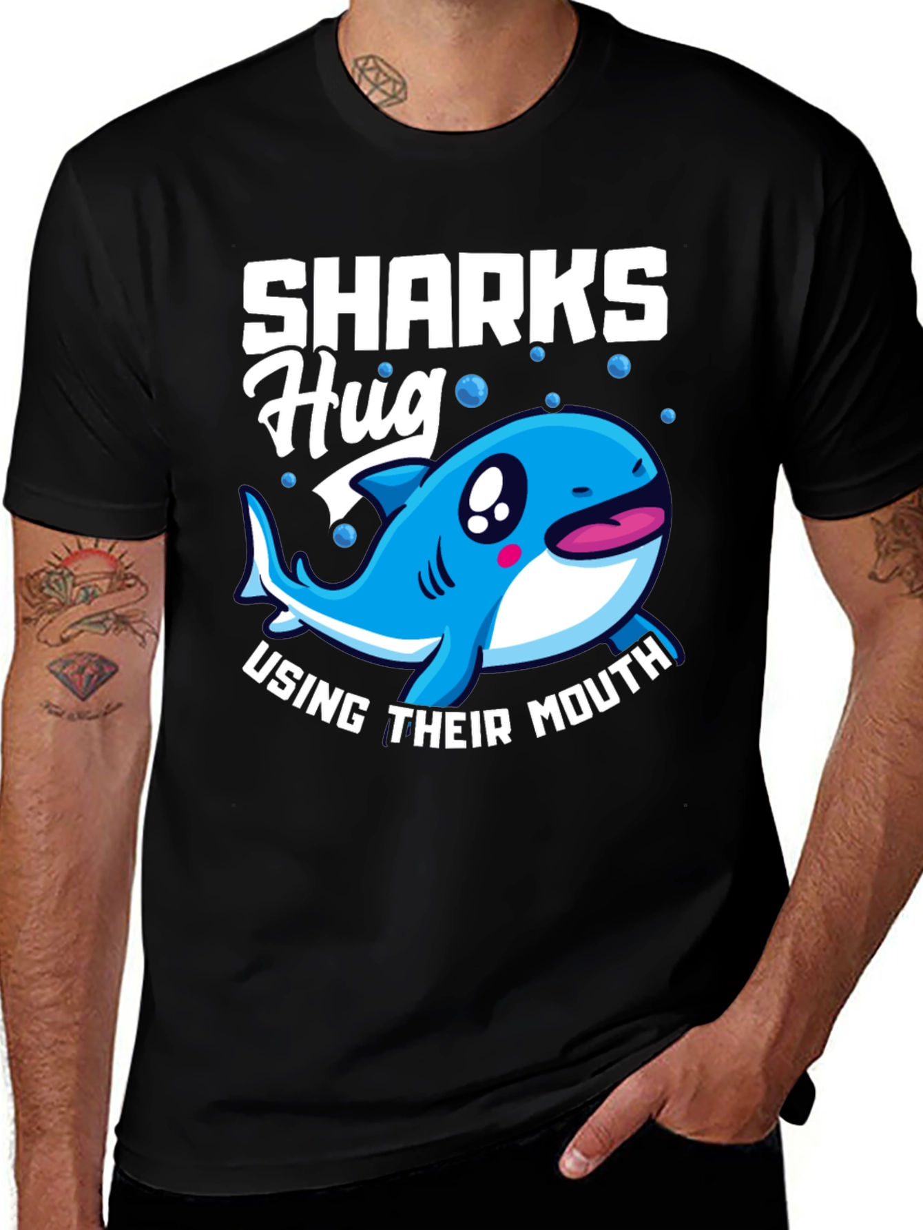 Variant 4 of Sharks Hug with Their Mouth T-Shirt, Funny Animal Tee