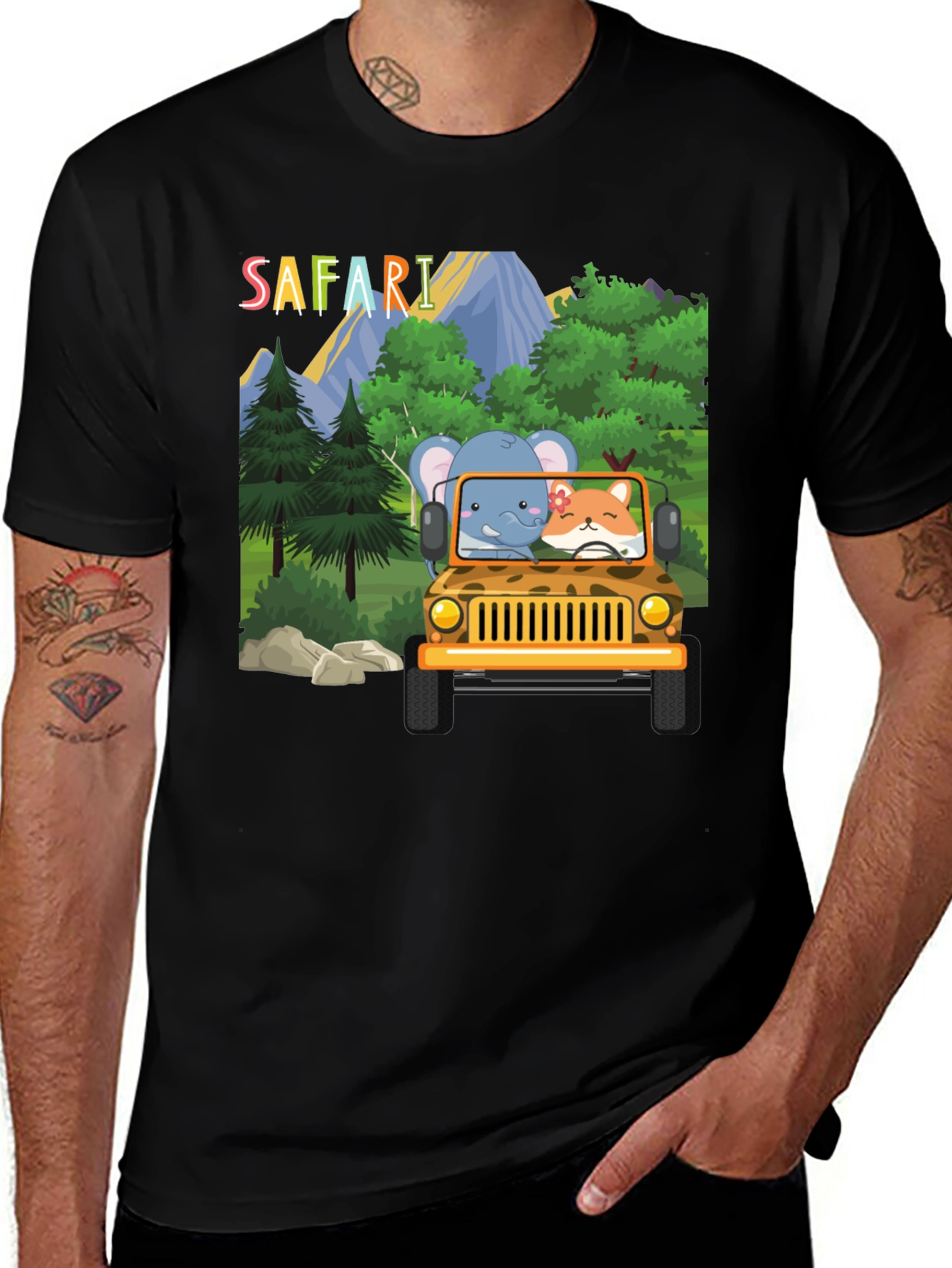 Variant 2 of Safari Animal Graphic Tee - Elephant and Fox in Jeep