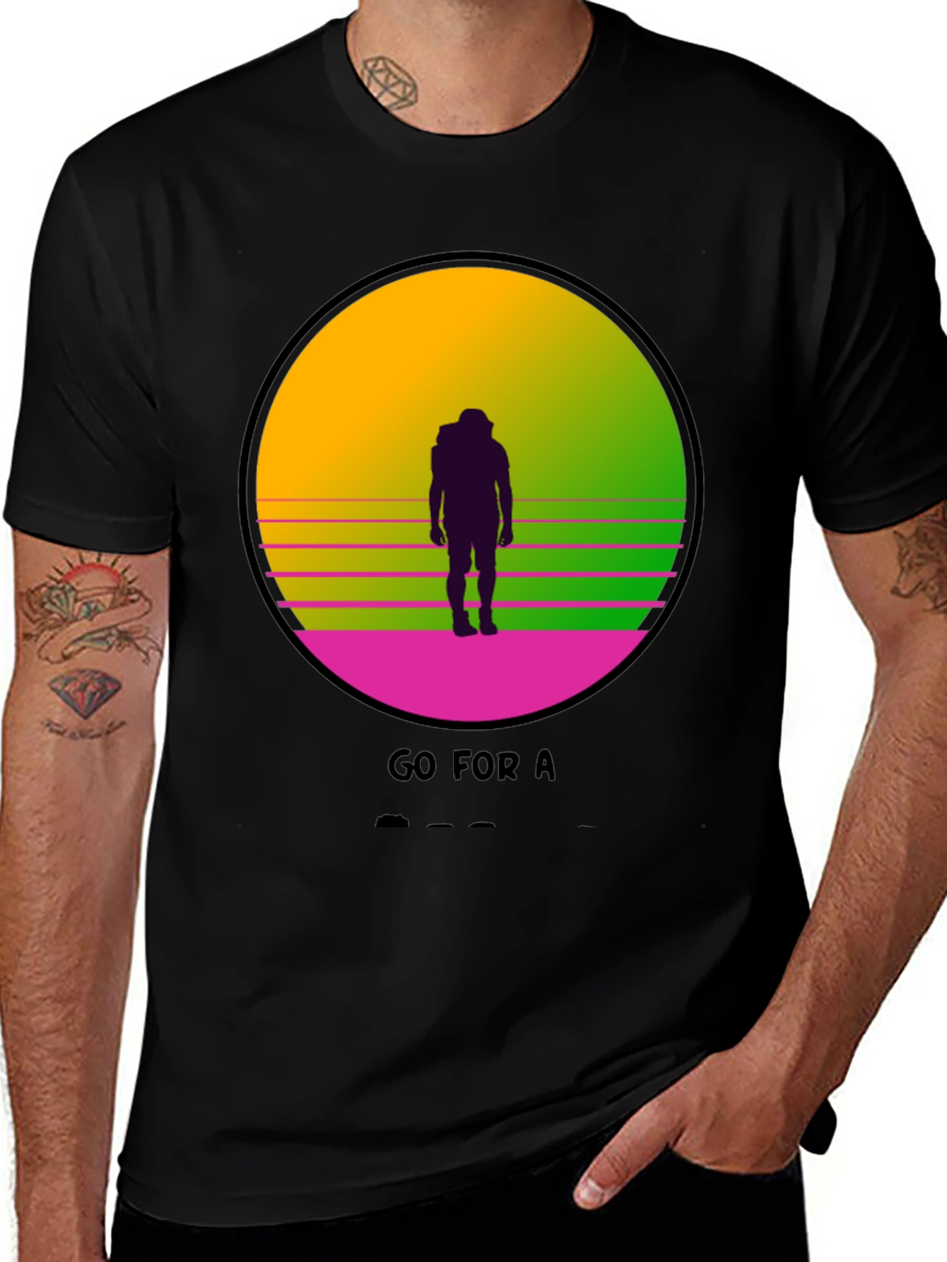 Black Retro Sunset Hiker Graphic T-Shirt main image