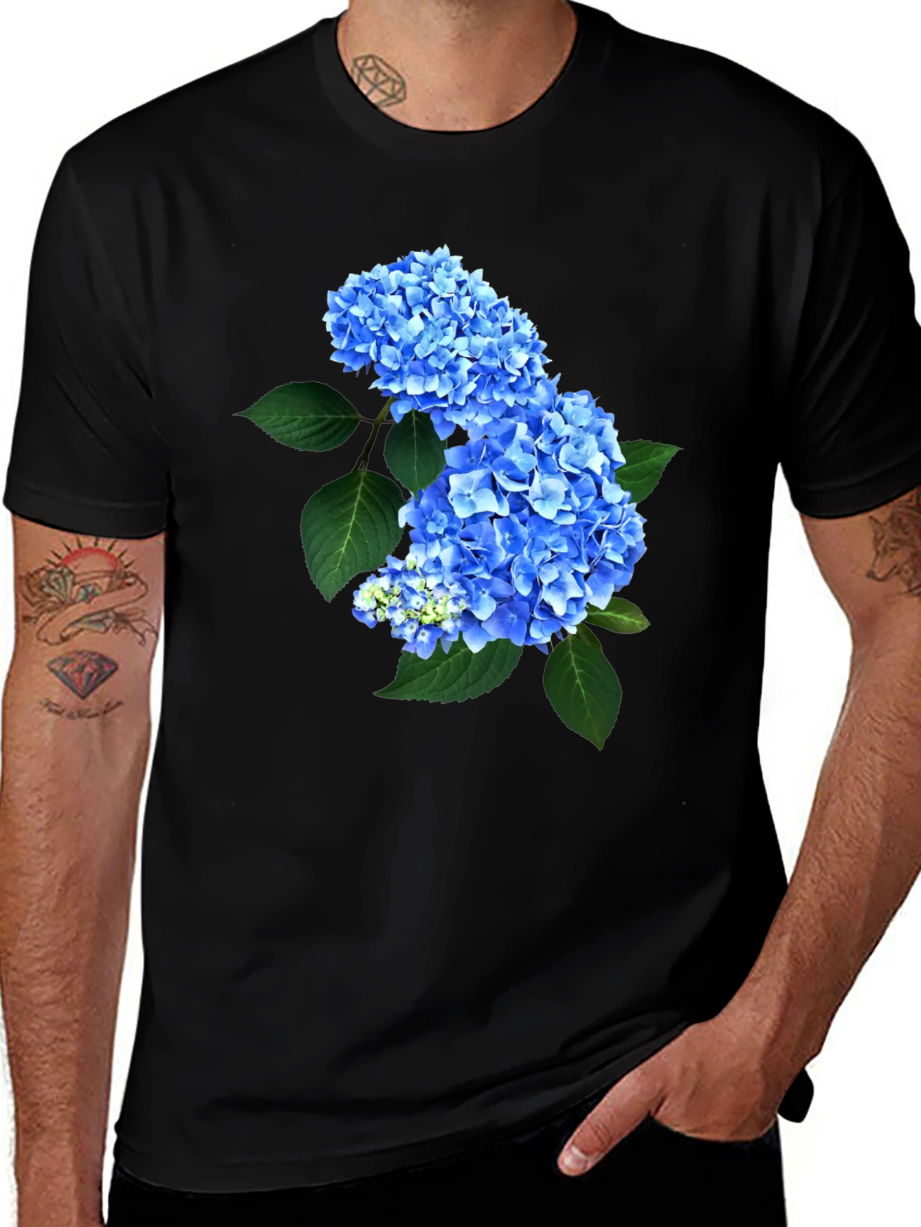 Variant 7 of Blue Hydrangea Floral Print Black T-Shirt