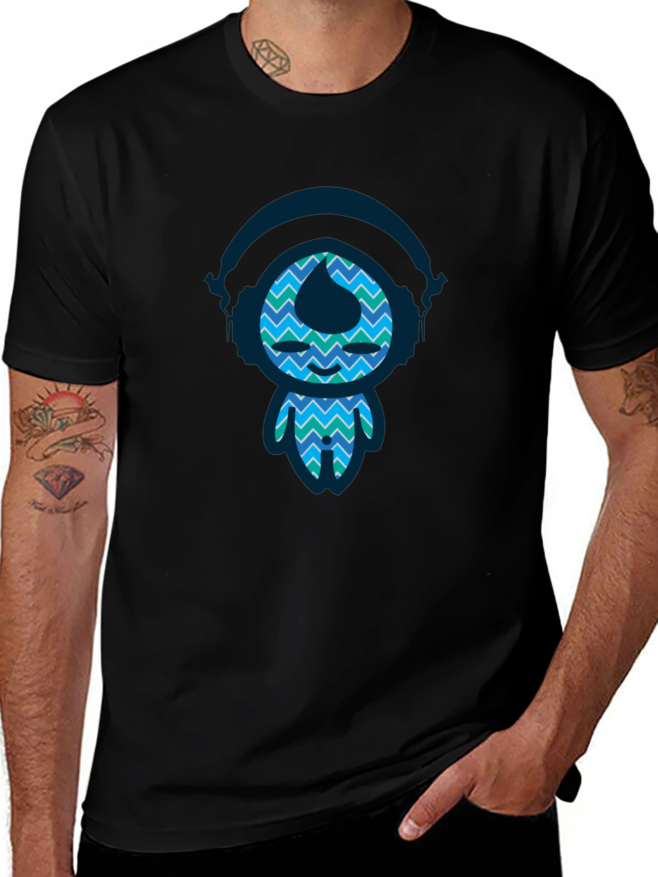 Variant 28 of Funky Blue Pattern Character Black T-Shirt