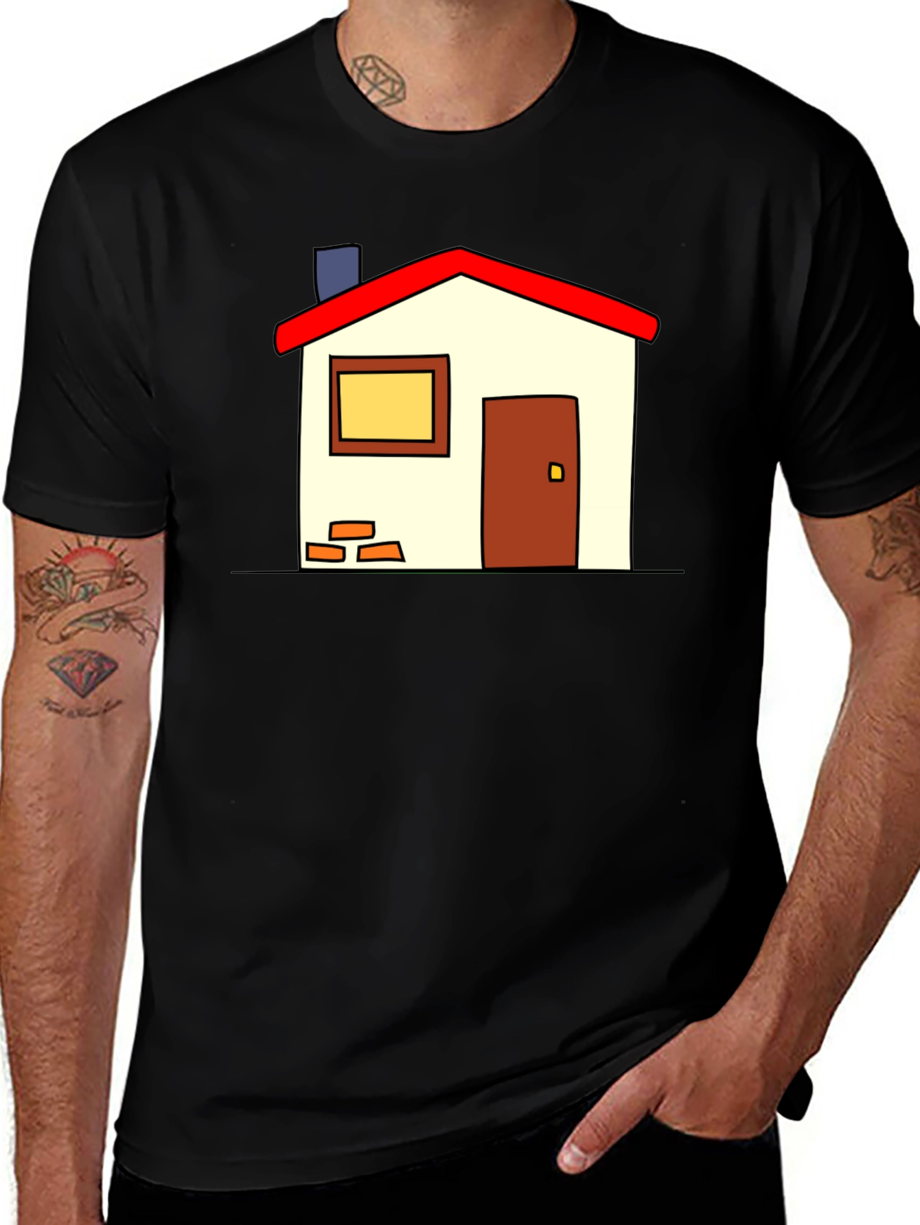 Variant 21 of Cartoon House Graphic T-Shirt - Black Casual Tee