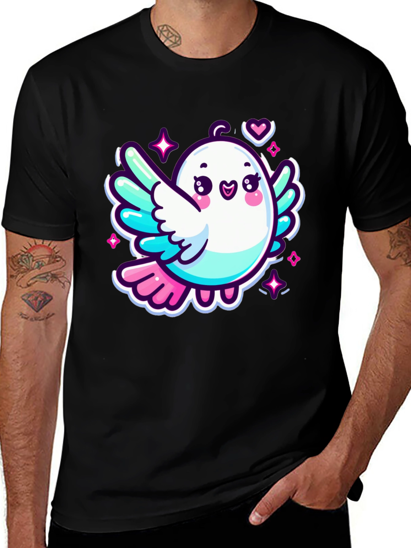 Cute Cartoon Bird Graphic Black T-Shirt
