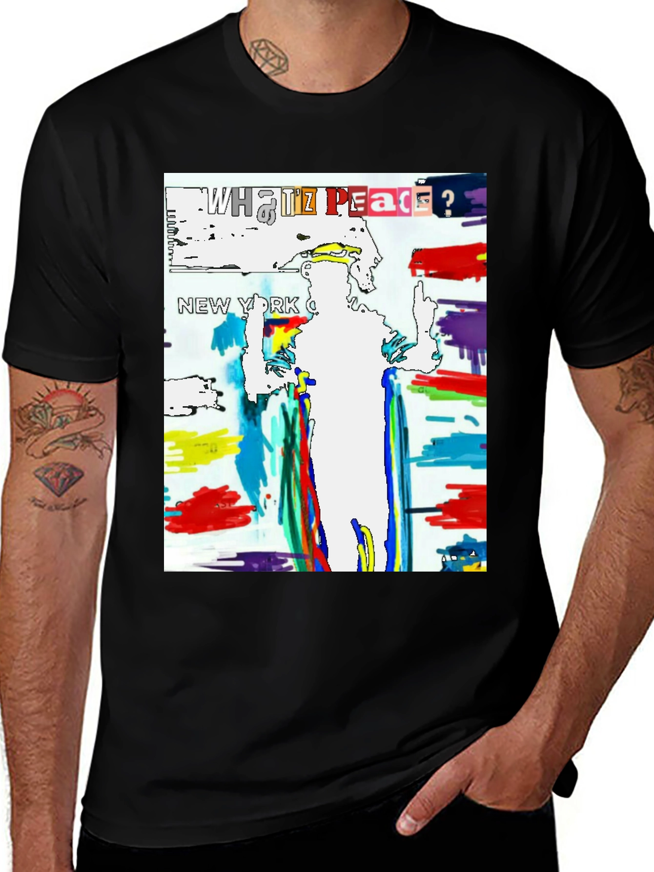 Variant 30 of Urban Art Graphic Tee - "What IZ Peace?" Black T-Shirt