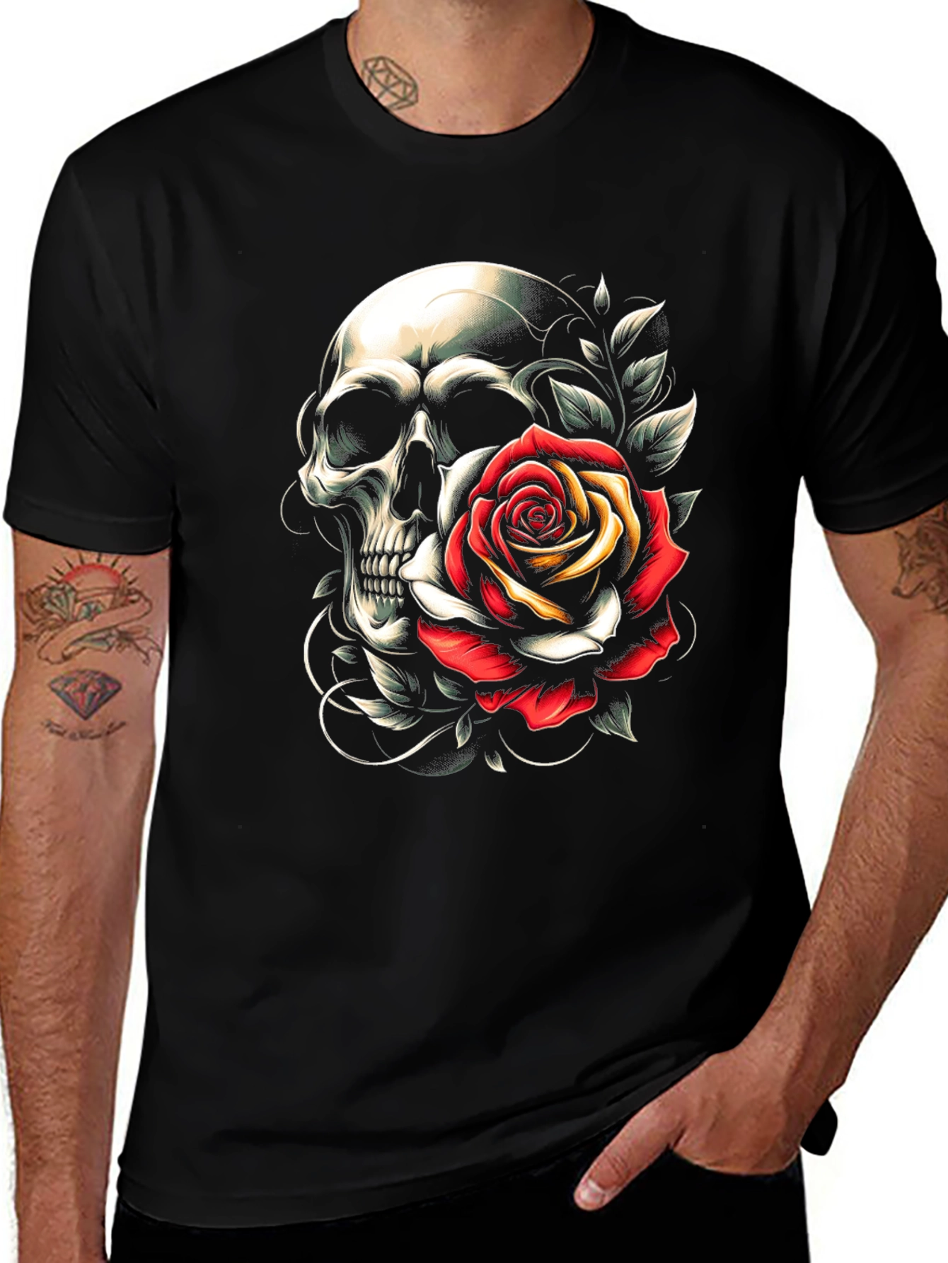 Variant 7 of Skull & Rose Graphic Tee - Bold Black Cotton Blend Shirt