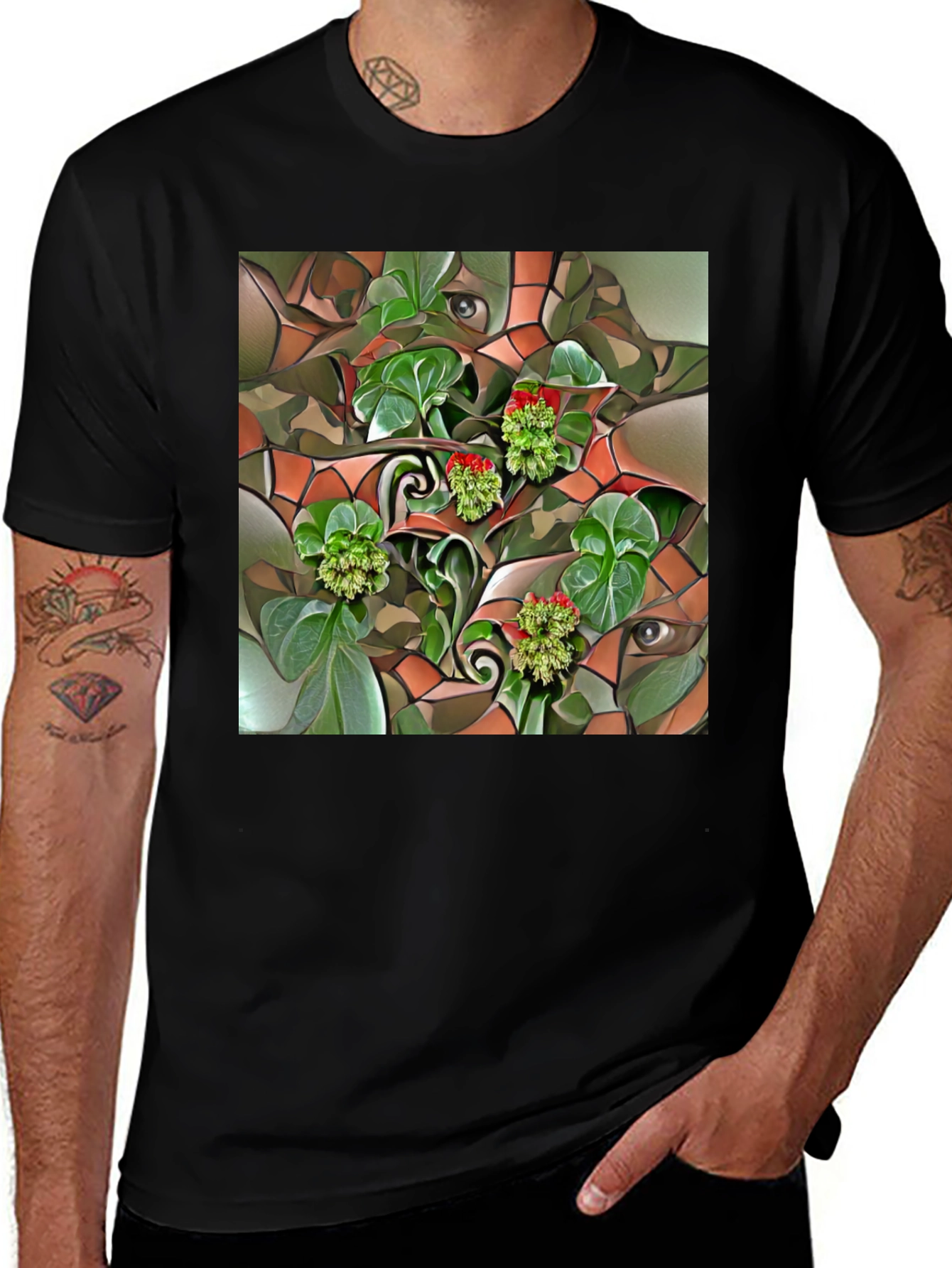 Variant 22 of Eye & Plant Mosaic Graphic Tee - Black Cotton Blend