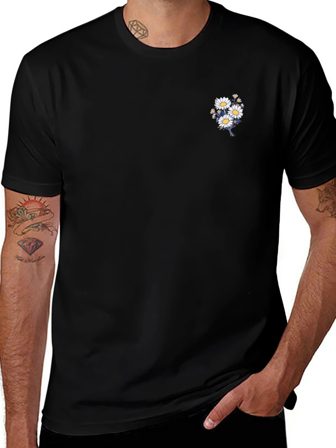 Variant 17 of Black T-Shirt with Daisy Bouquet Design