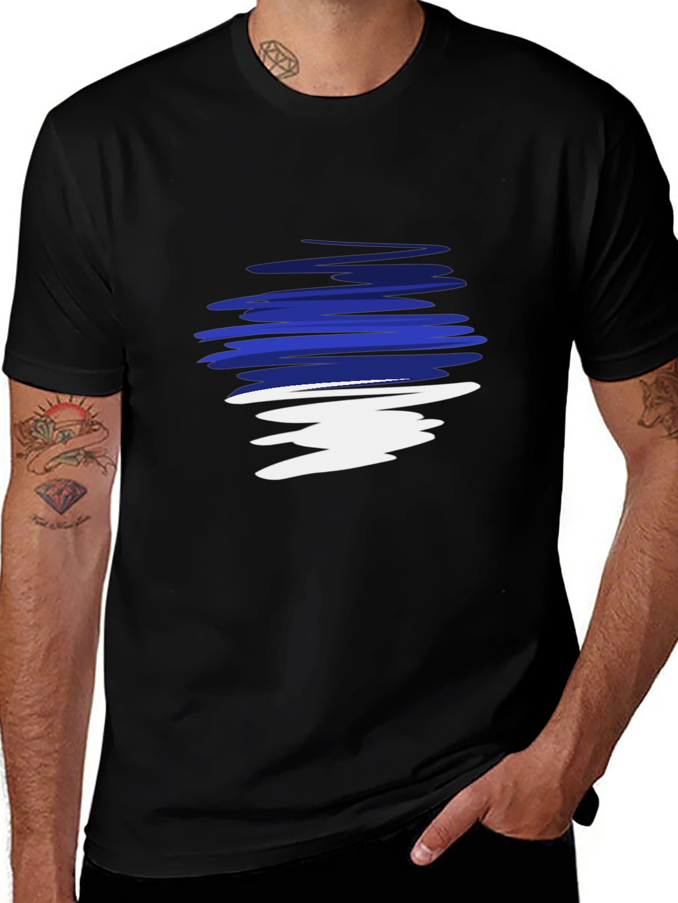 Men's Black Graphic Tee - Abstract Blue & White Design