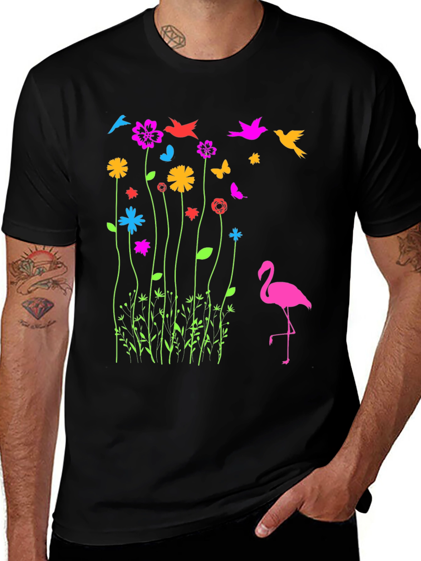 Variant 28 of Floral Flamingo Graphic Tee - Black