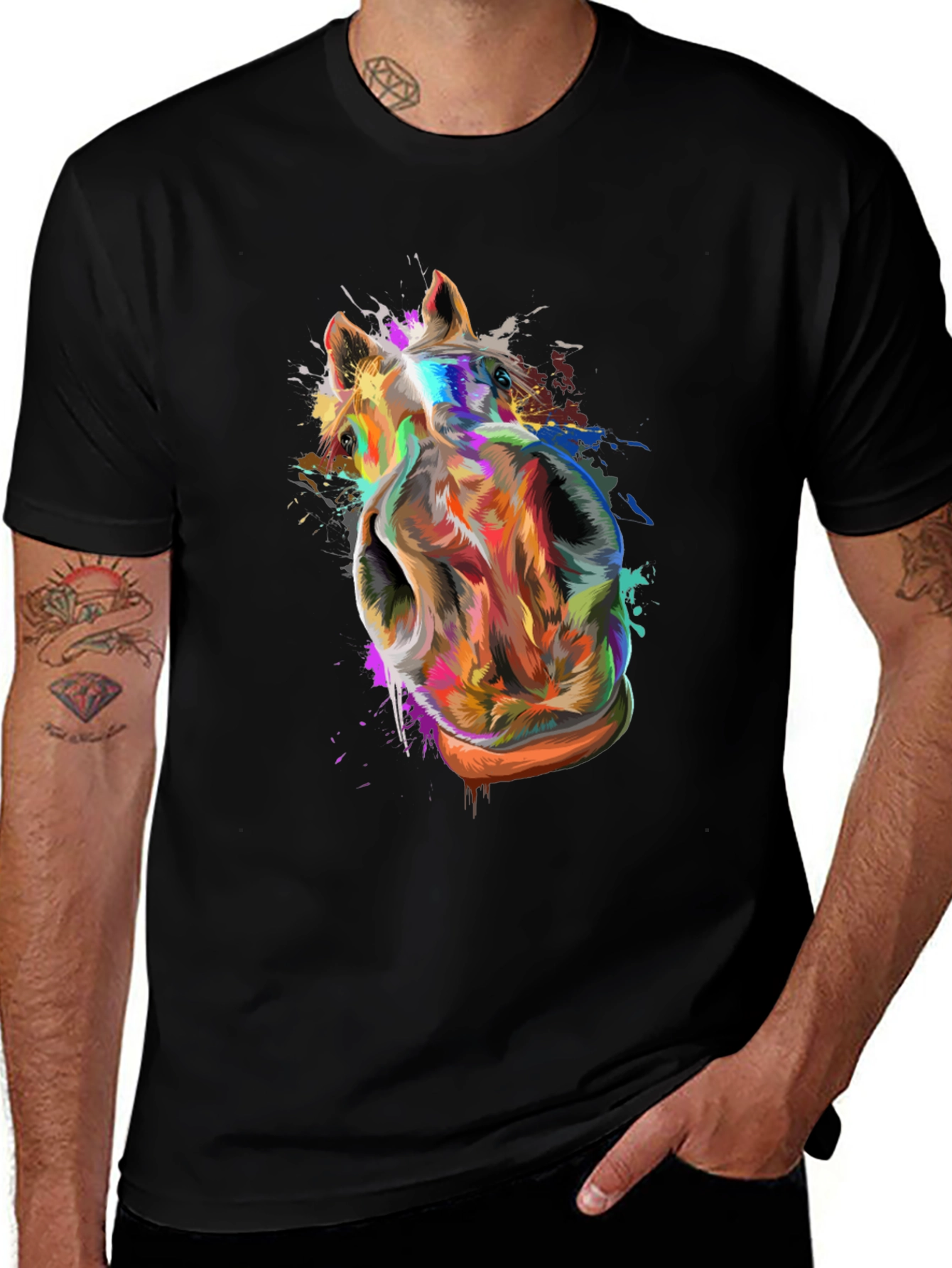 Variant 10 of Colorful Horse Head Graphic Black T-Shirt