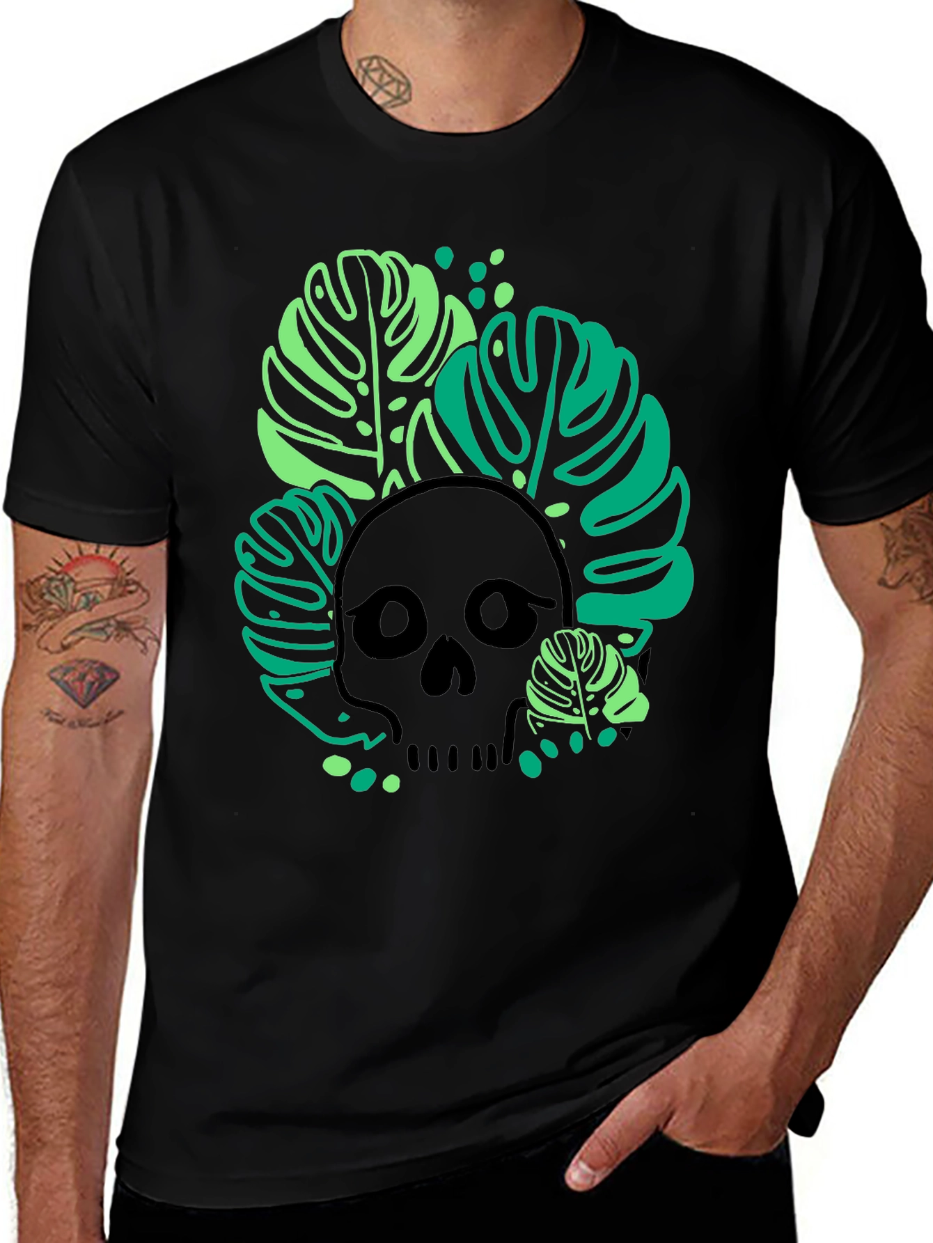 Skull & Leaves Graphic Tee - Modern Style