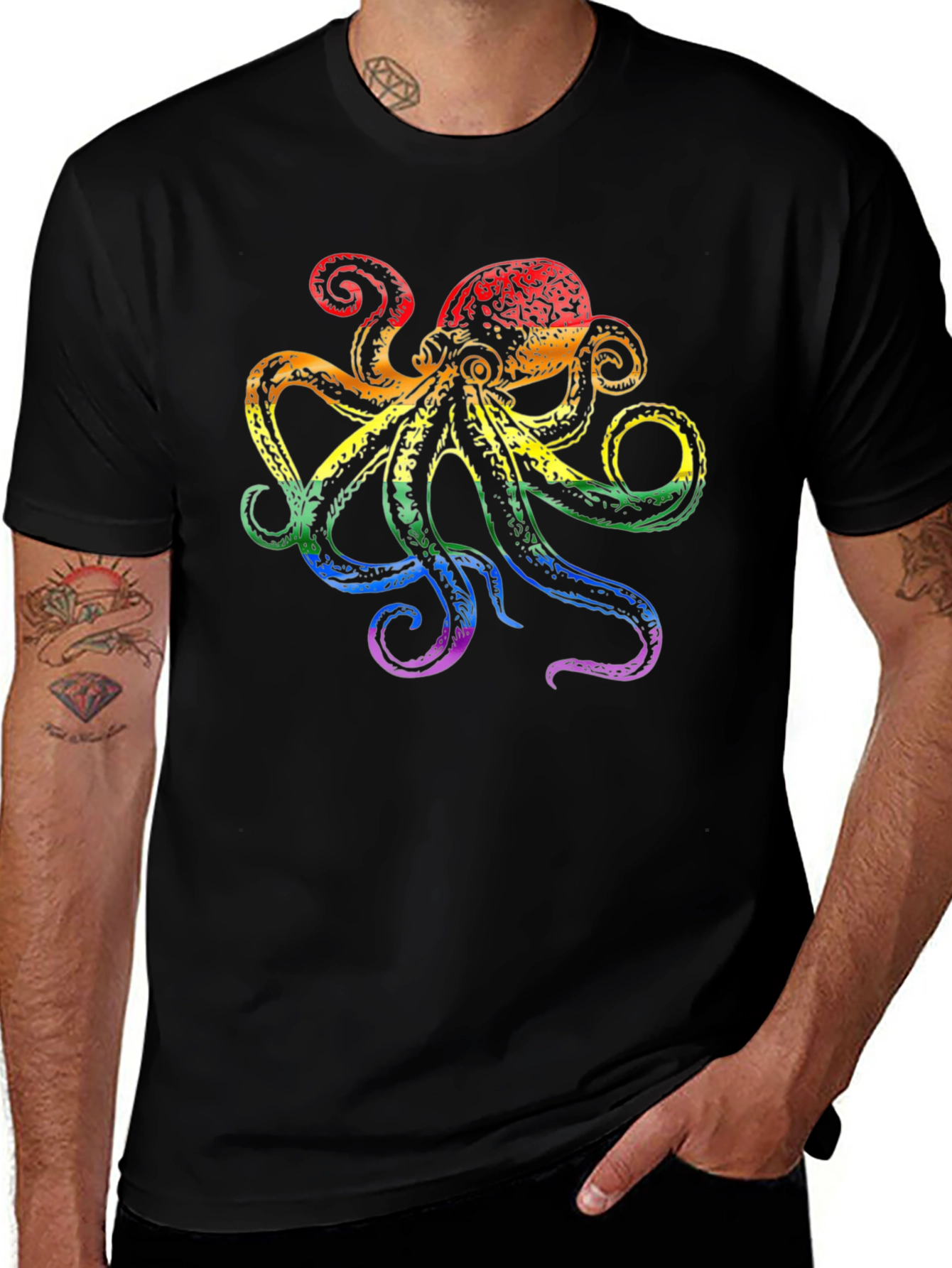 Variant 27 of Rainbow Octopus Graphic Tee - Black Cotton T-Shirt
