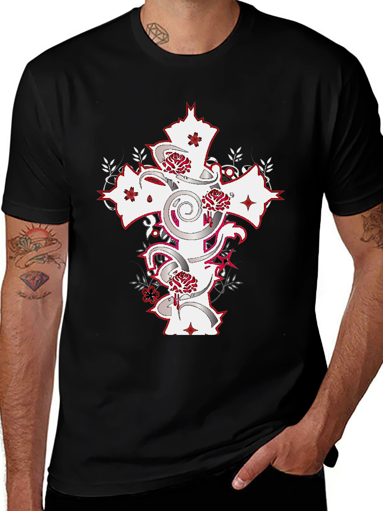 Black T-Shirt with Cross & Roses Graphic
