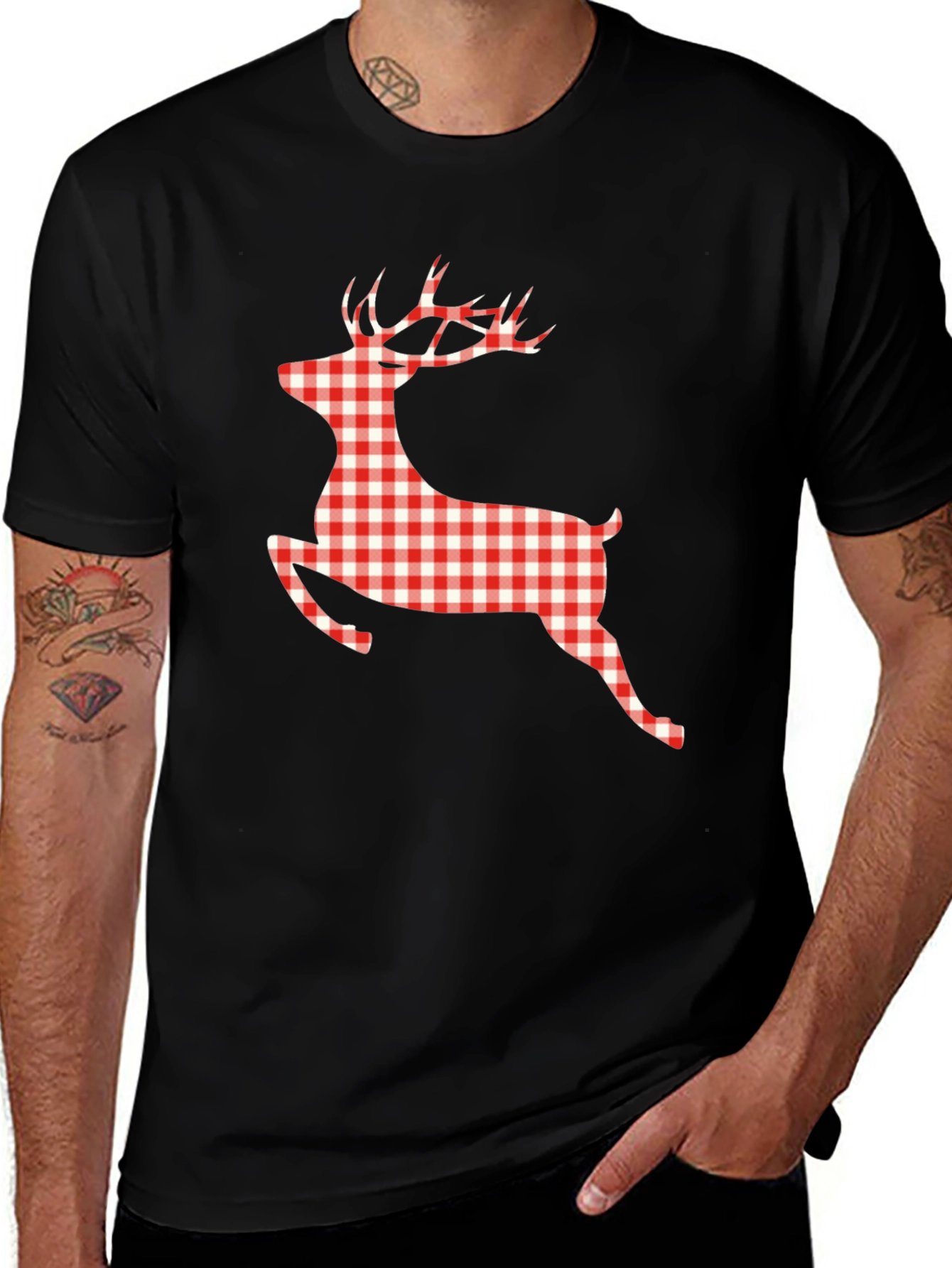 Variant 19 of Red Plaid Deer Graphic Tee - Black