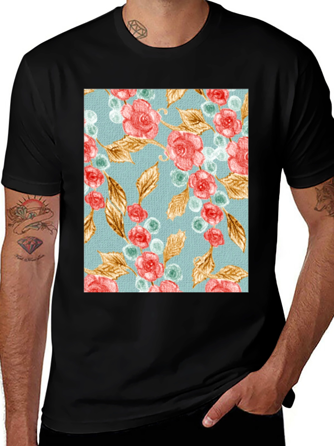 Variant 16 of Floral Roses & Leaves Print Black T-Shirt