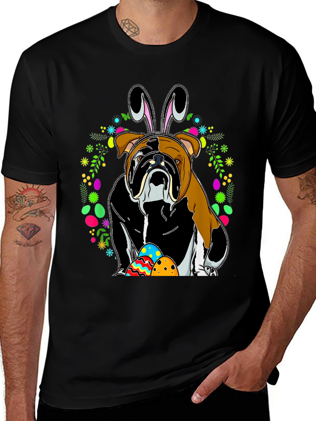 Variant 21 of Bulldog Easter Bunny T-Shirt - Men's Black Tee