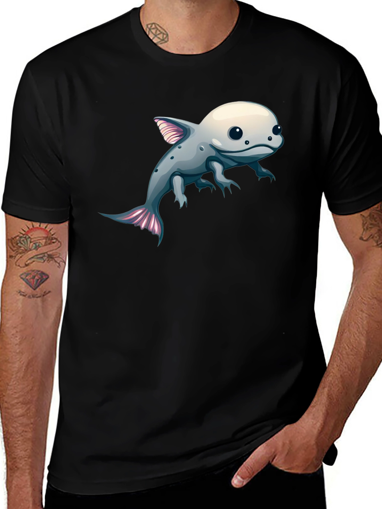 Variant 29 of Axolotl Cartoon Graphic Tee - Black Cotton Blend