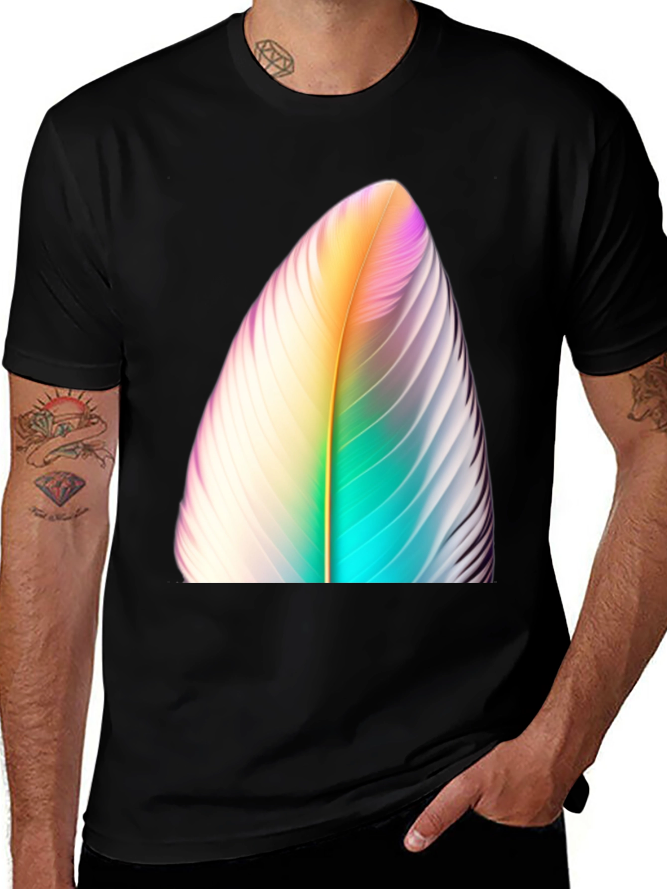 Variant 6 of Colorful Feather Graphic Print Black T-Shirt