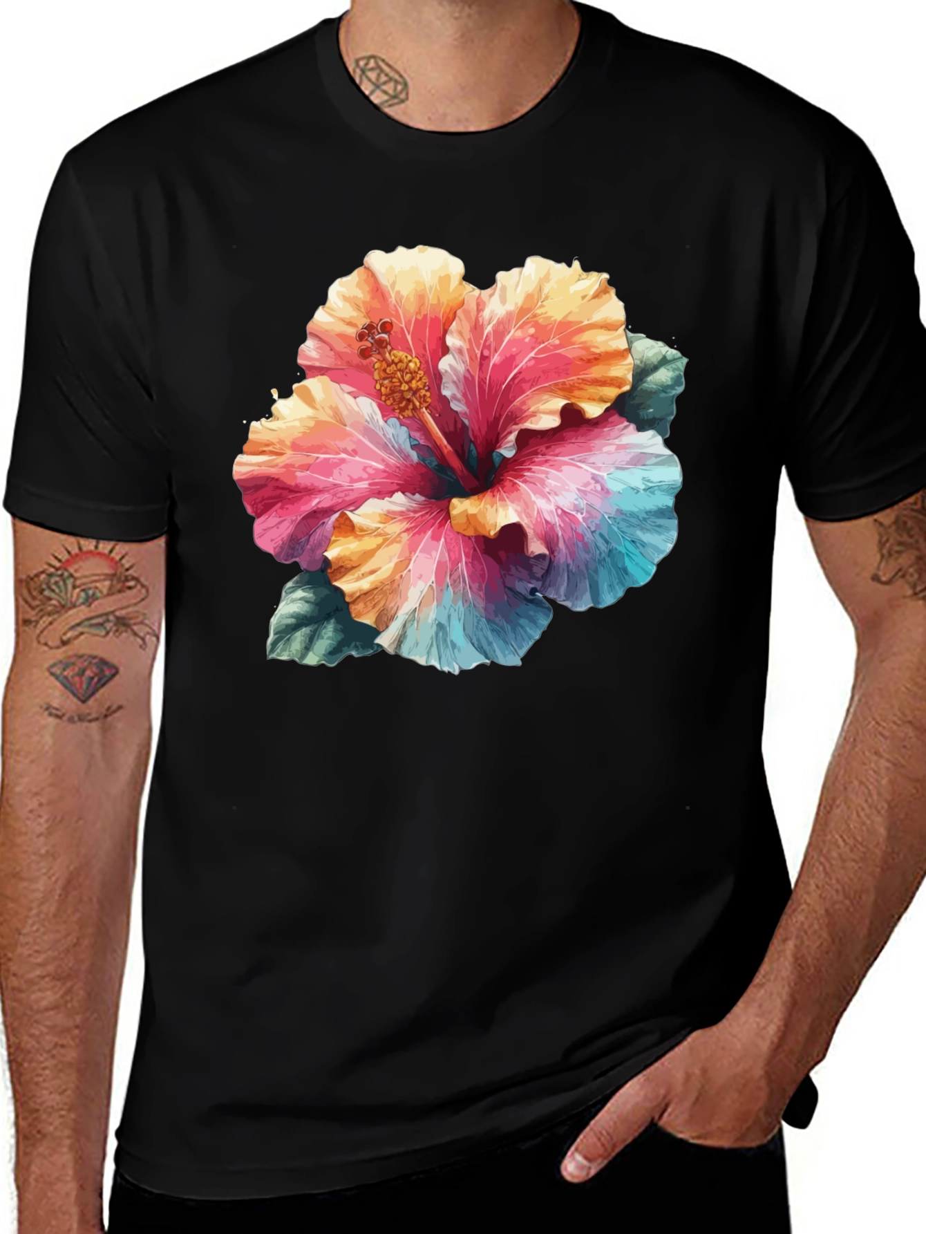 Variant 6 of Hibiscus Flower Graphic Tee - Black Cotton Blend