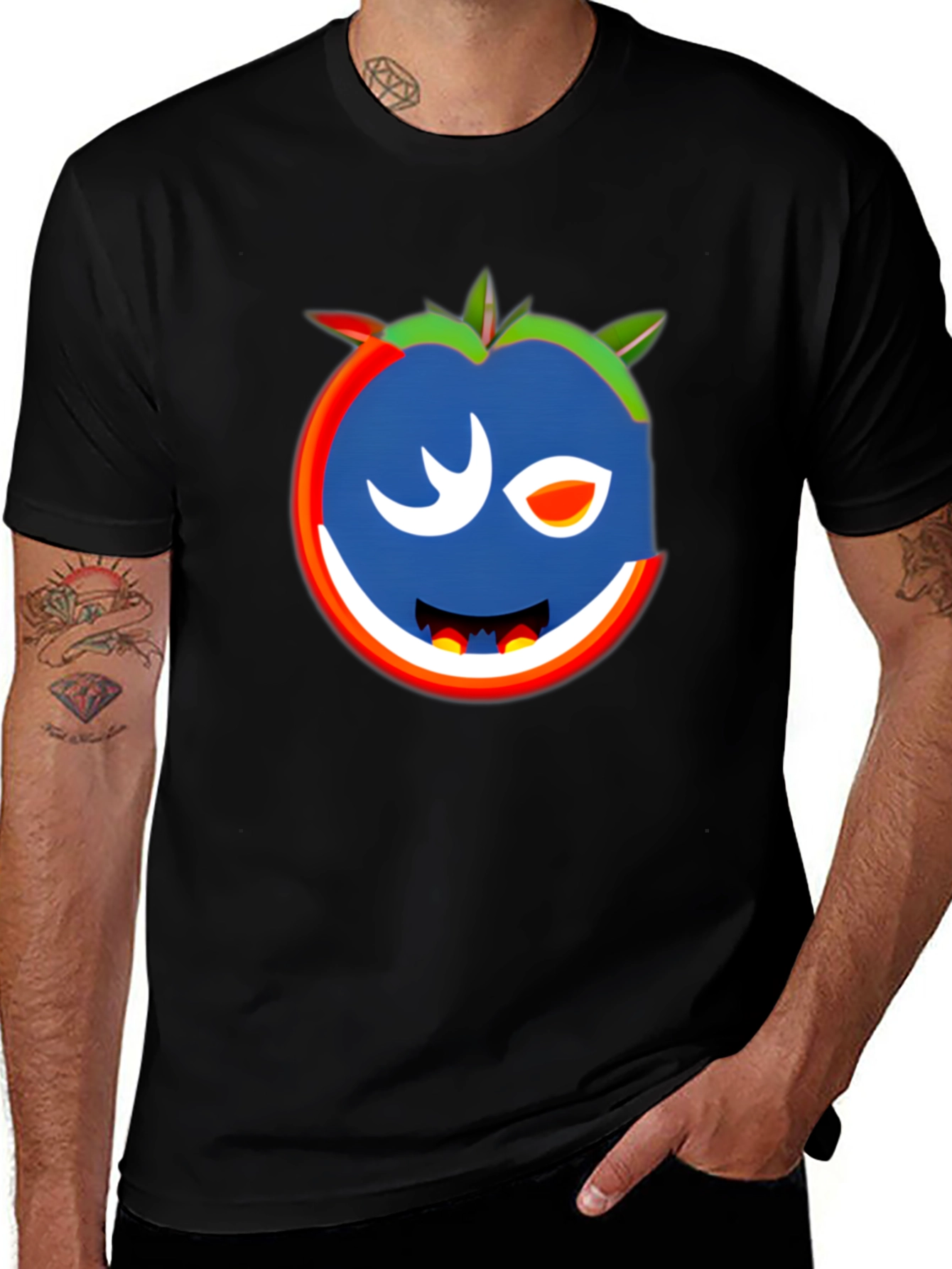 Variant 5 of Whimsical Wink Tomato Graphic Tee - Black Cotton Blend