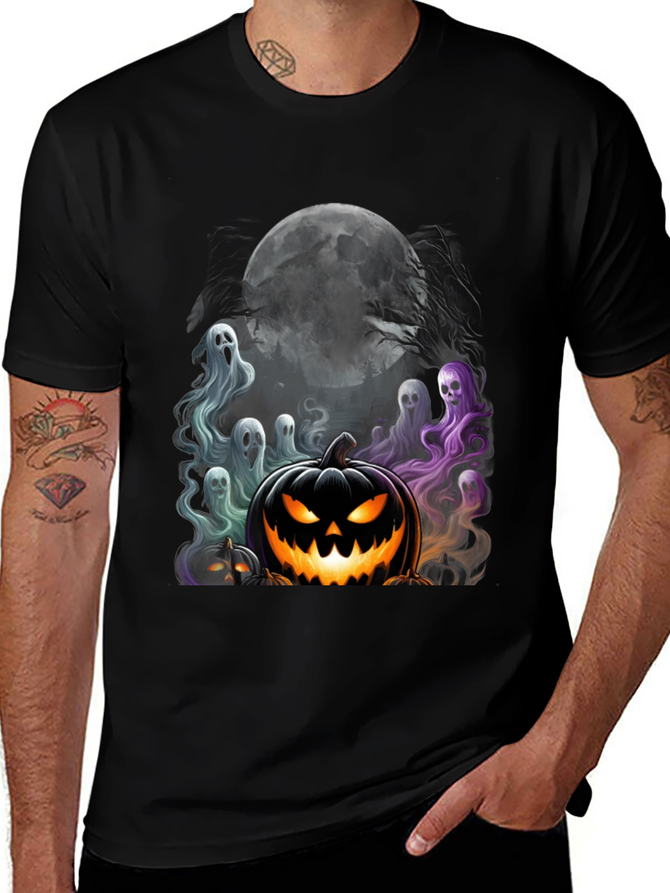 Spooky Halloween Graphic Tee - Pumpkin and Ghosts