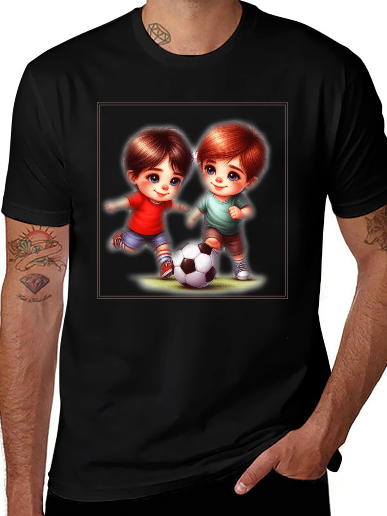 Variant 13 of Cute Cartoon Kids Playing Soccer Black T-Shirt