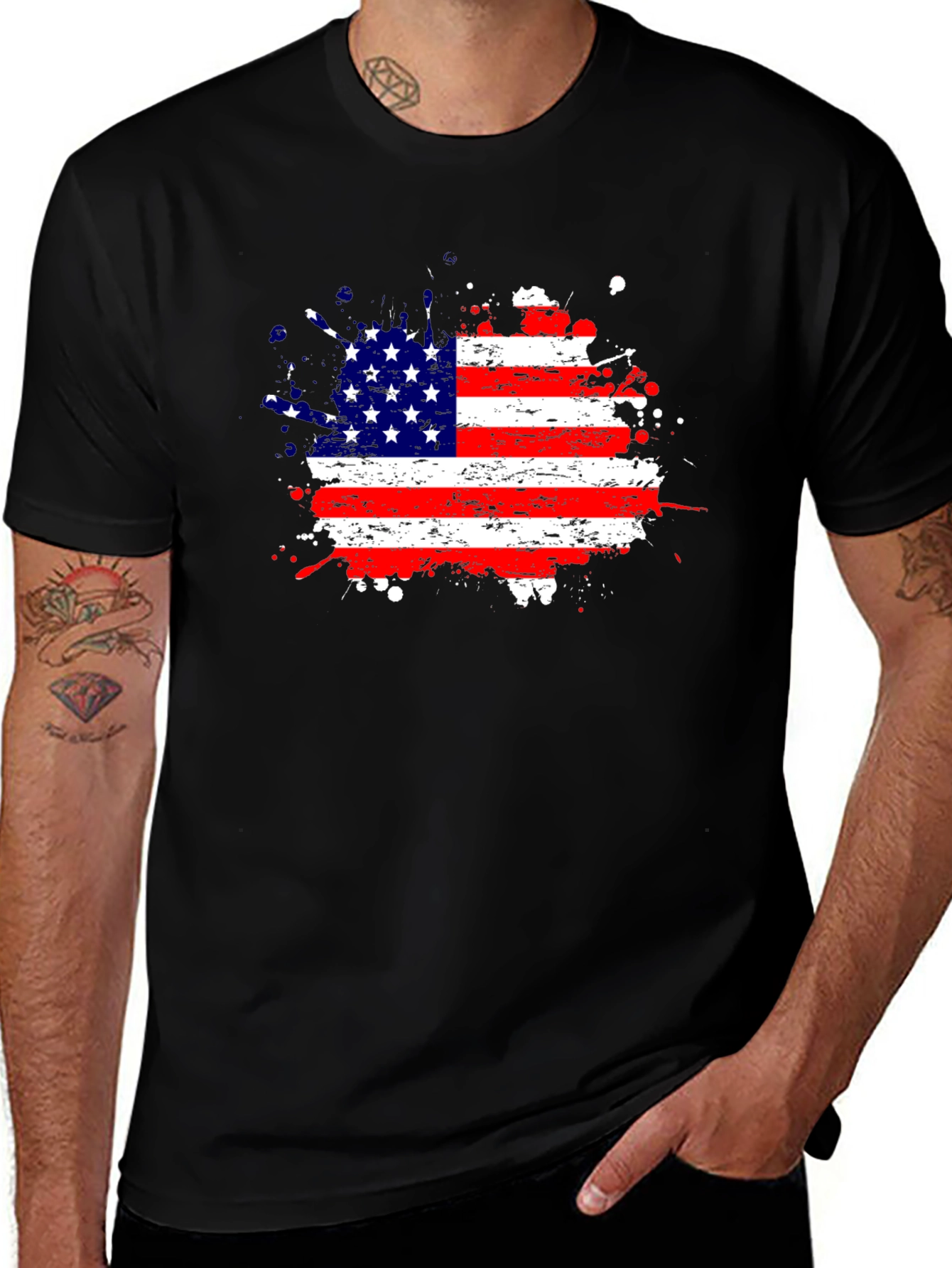 Variant 13 of American Flag Splatter Print Black T-Shirt