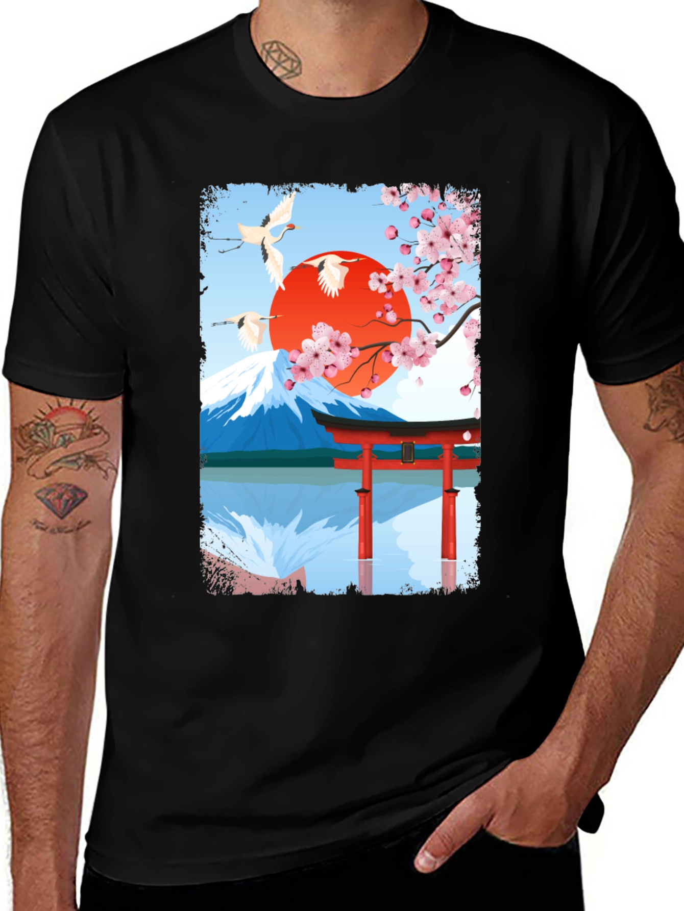 Variant 9 of Japanese Art T-Shirt - Cranes, Mountain & Sakura