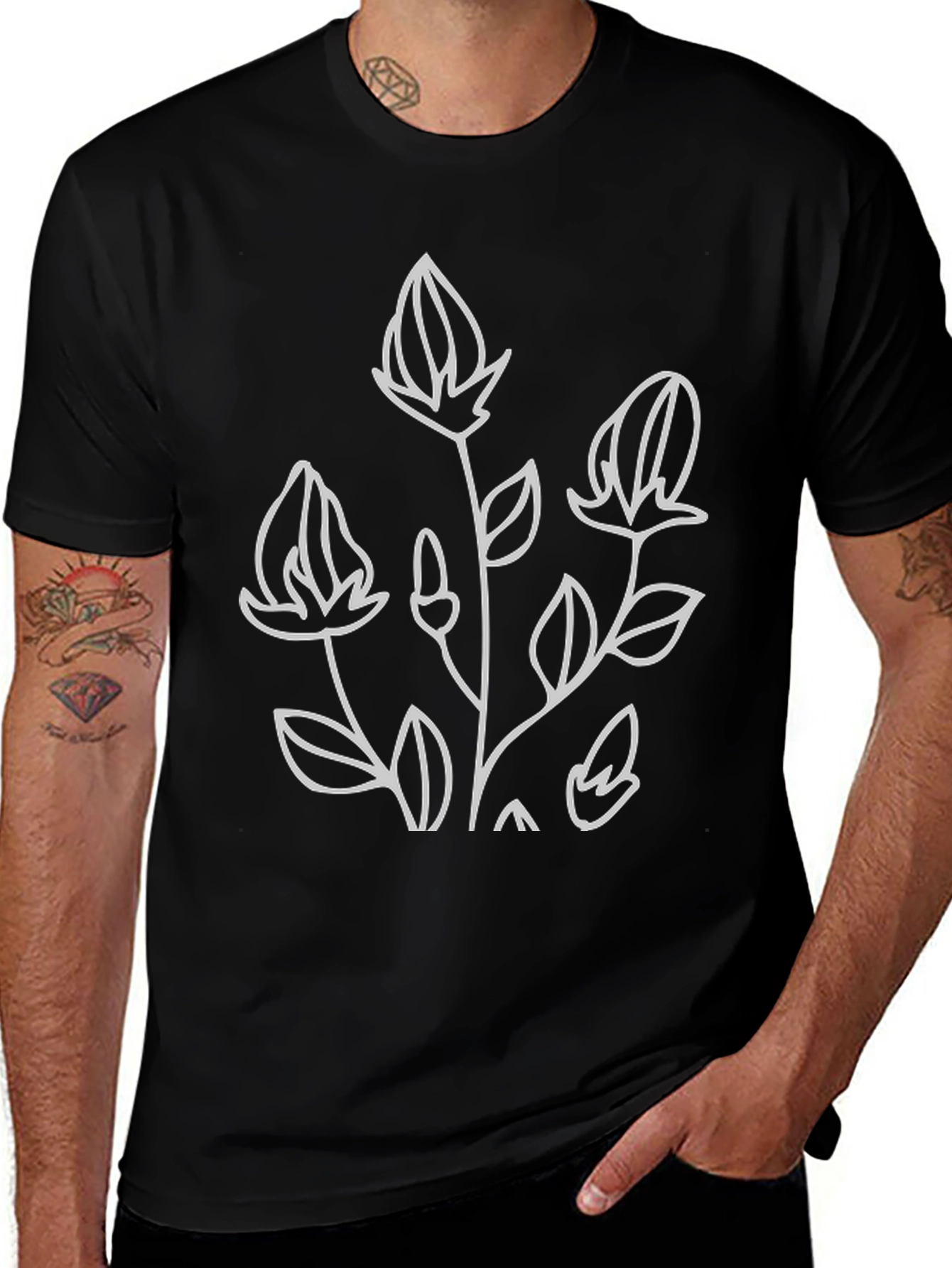 Variant 28 of Modern Floral Line Art Black T-Shirt
