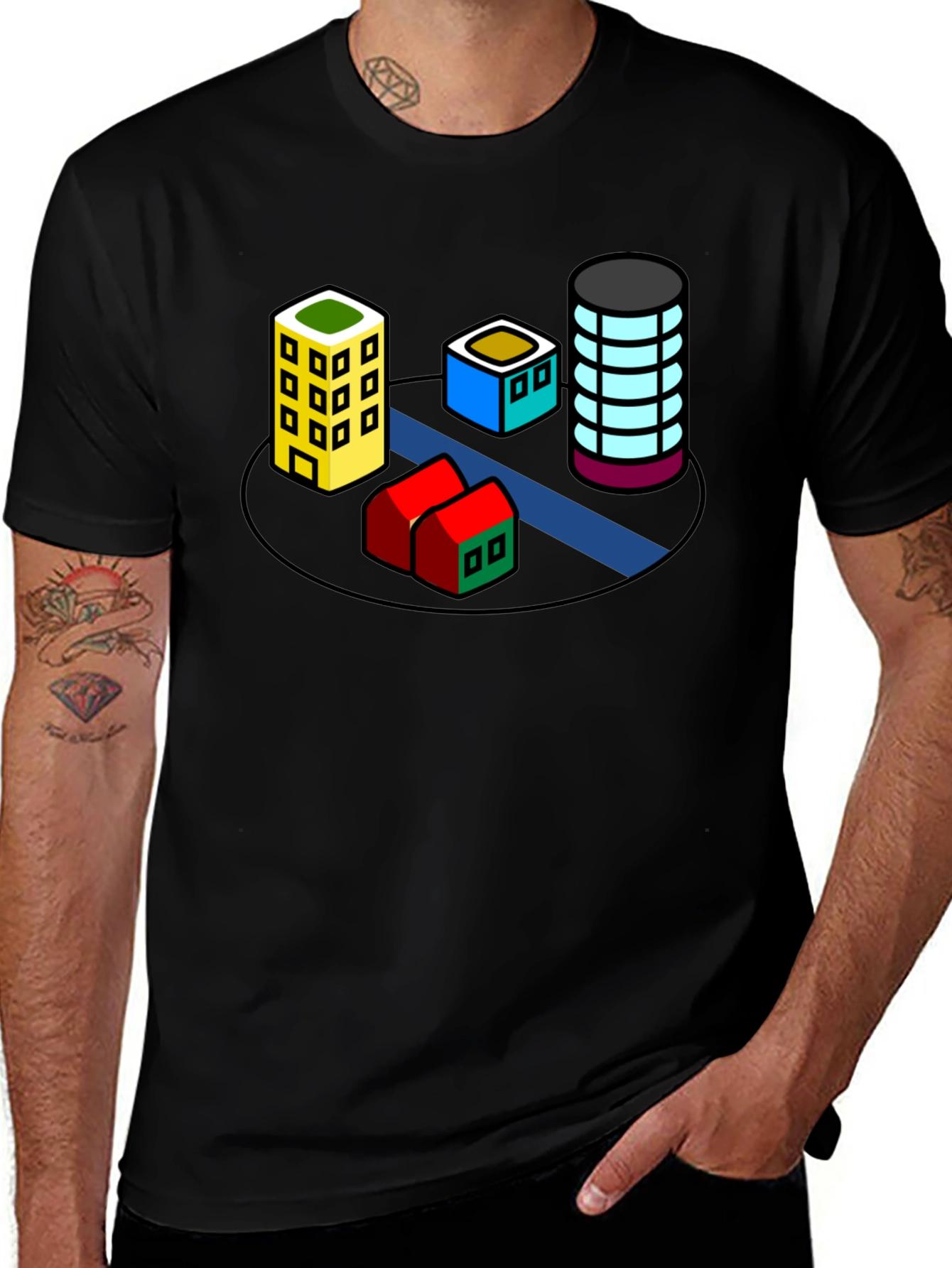 Variant 29 of Cartoon Cityscape Black T-Shirt