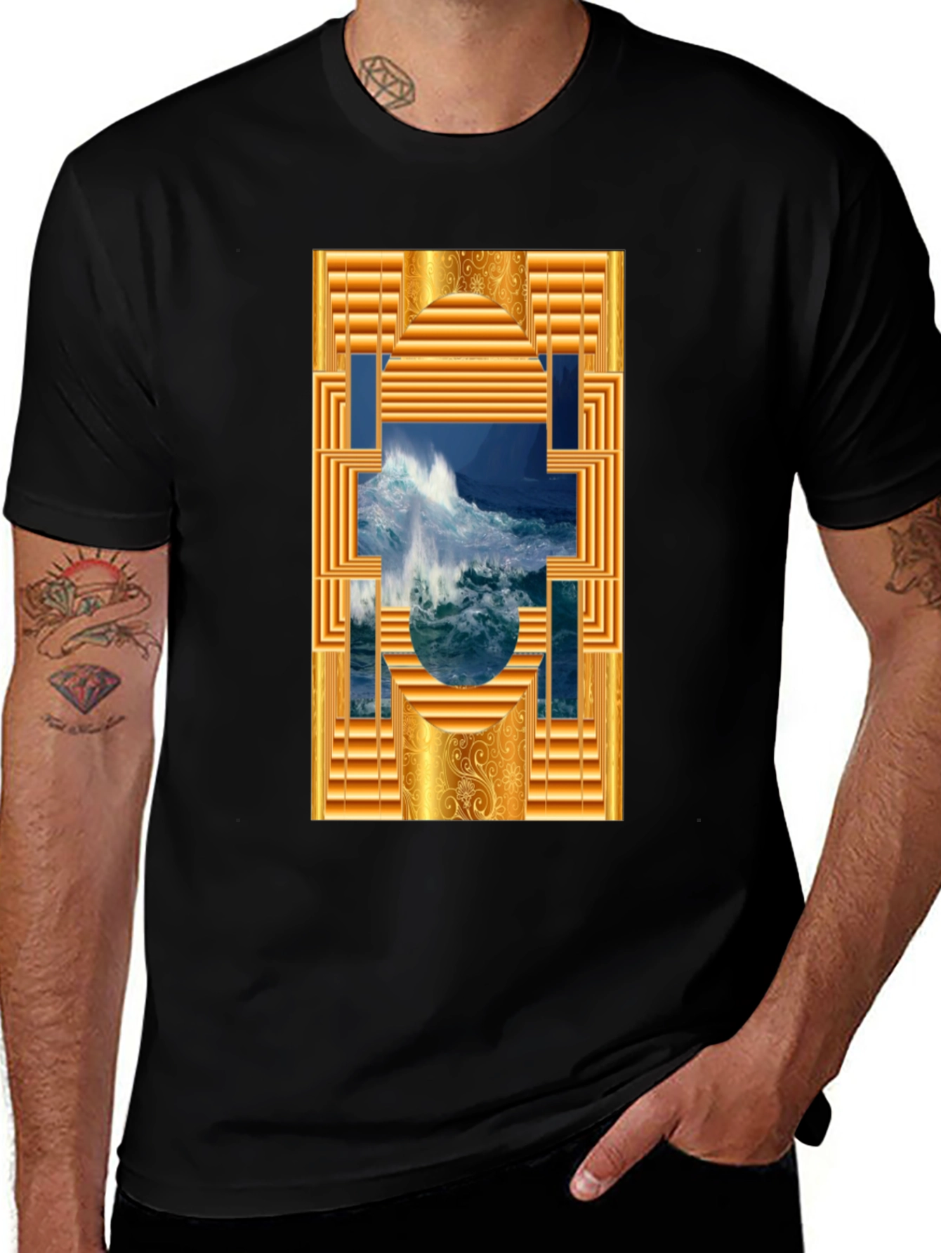 Variant 6 of Ocean Wave Framed Graphic Tee - Stylish Men's Black T-Shirt