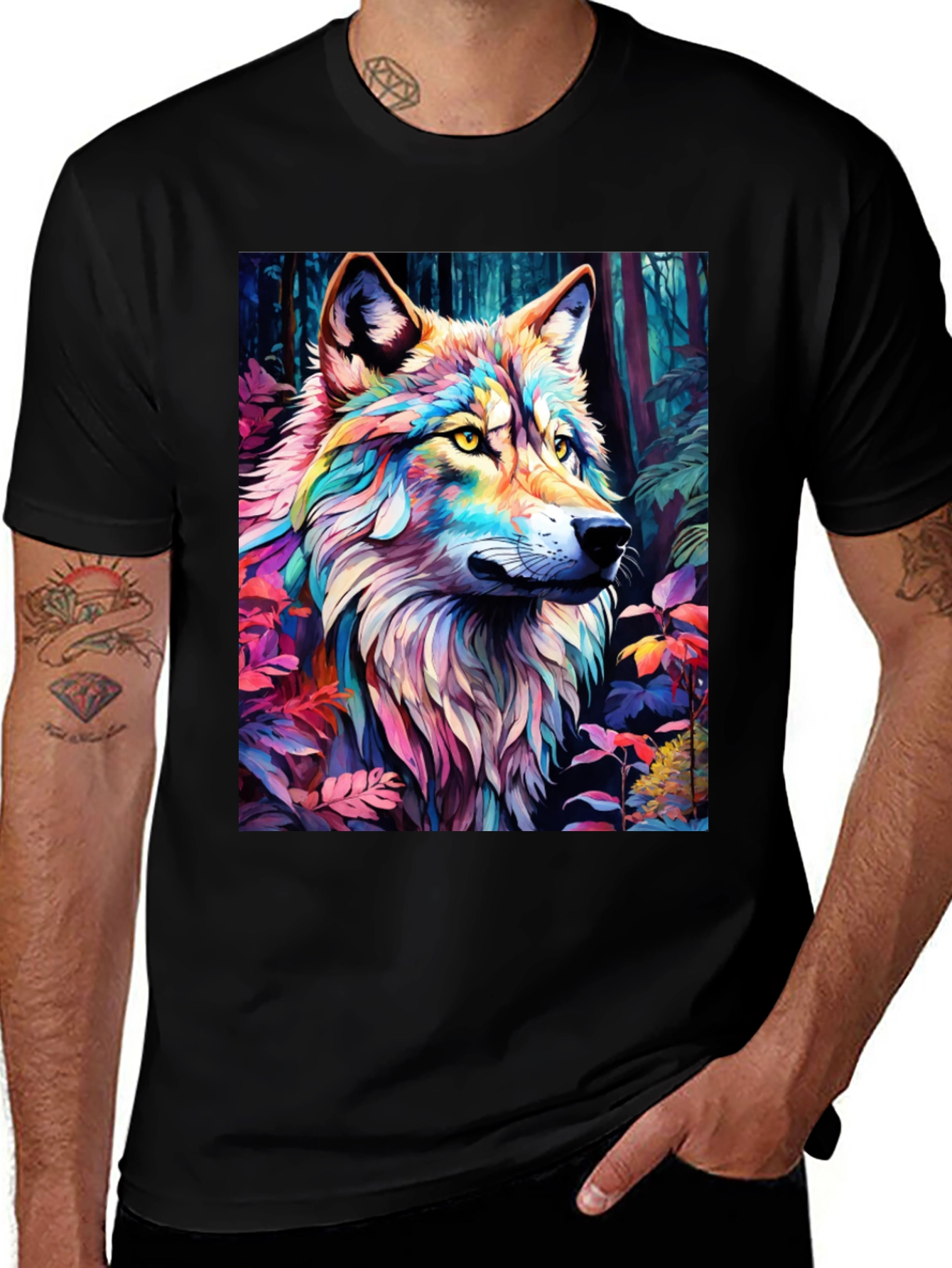 Variant 20 of Rainbow Wolf Graphic Tee - Stylish Men's Black T-Shirt