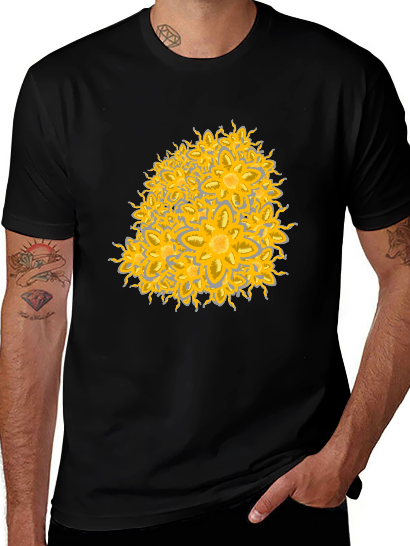 Variant 15 of Golden Floral Print Black T-Shirt