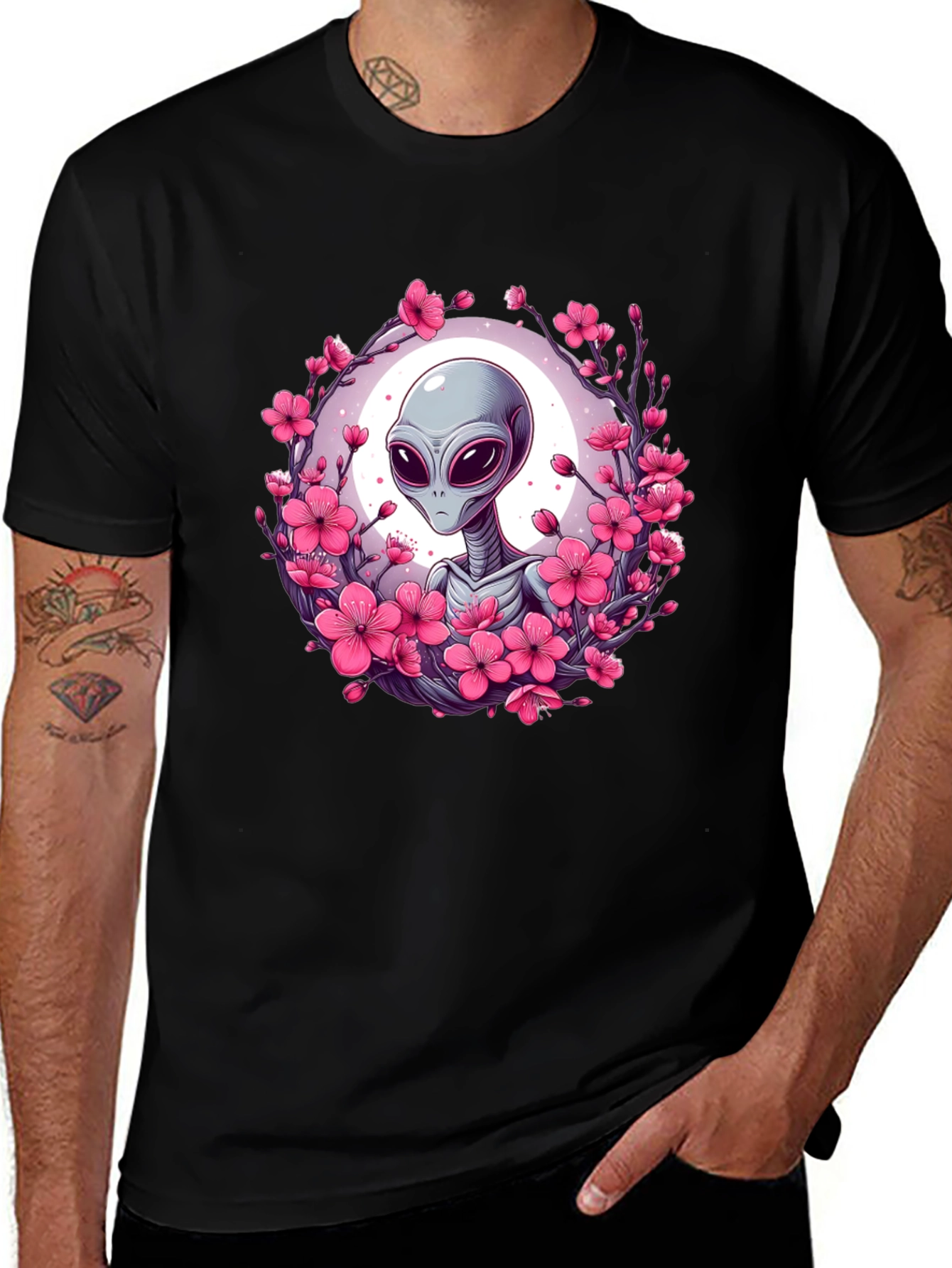 Black Alien in Cherry Blossoms Graphic Tee - Black main image