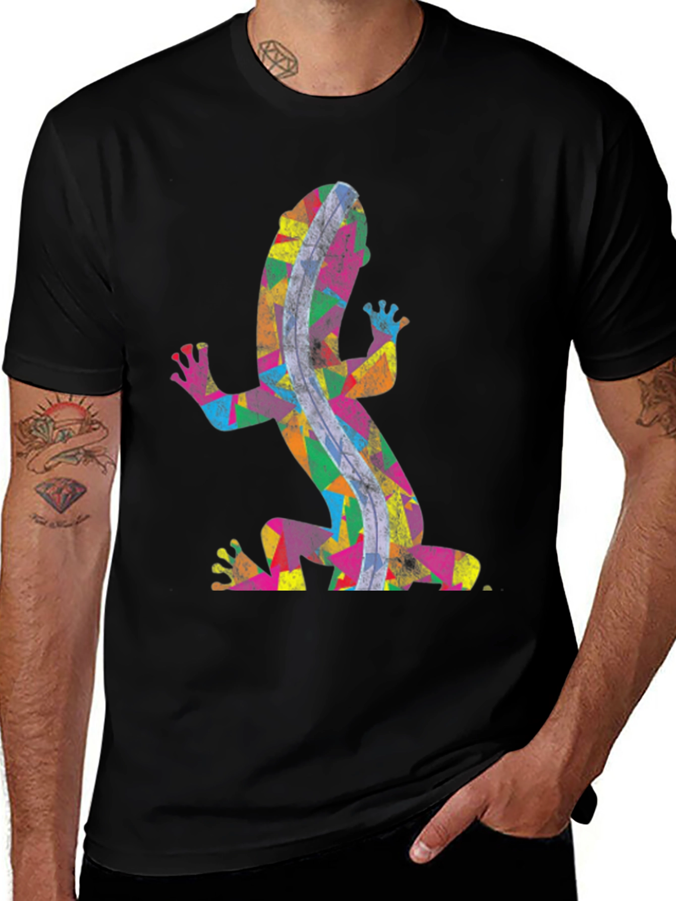 Variant 10 of Colorful Gecko Print Black T-Shirt