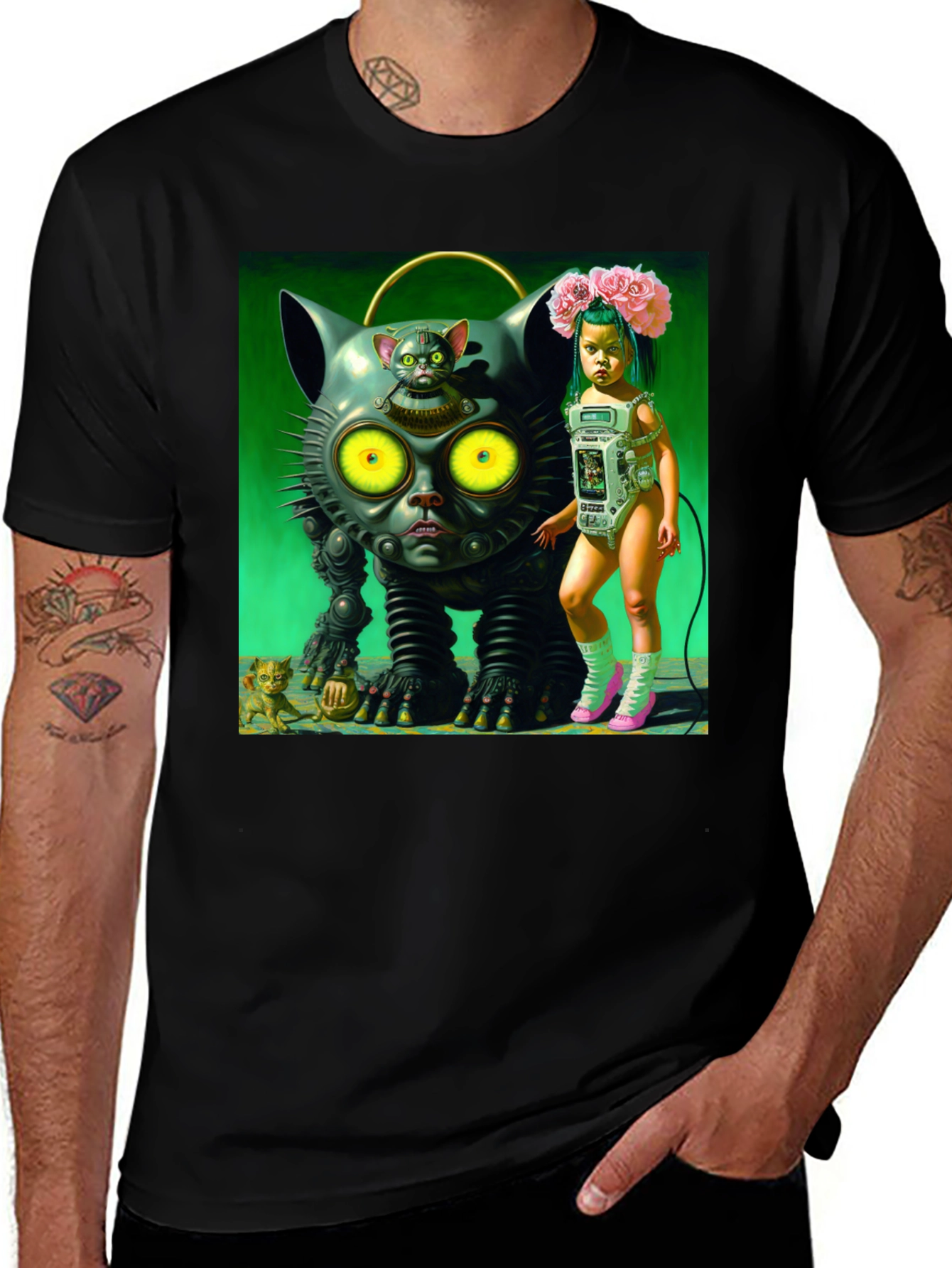 Variant 13 of Surreal Cat Robot Girl Graphic Tee