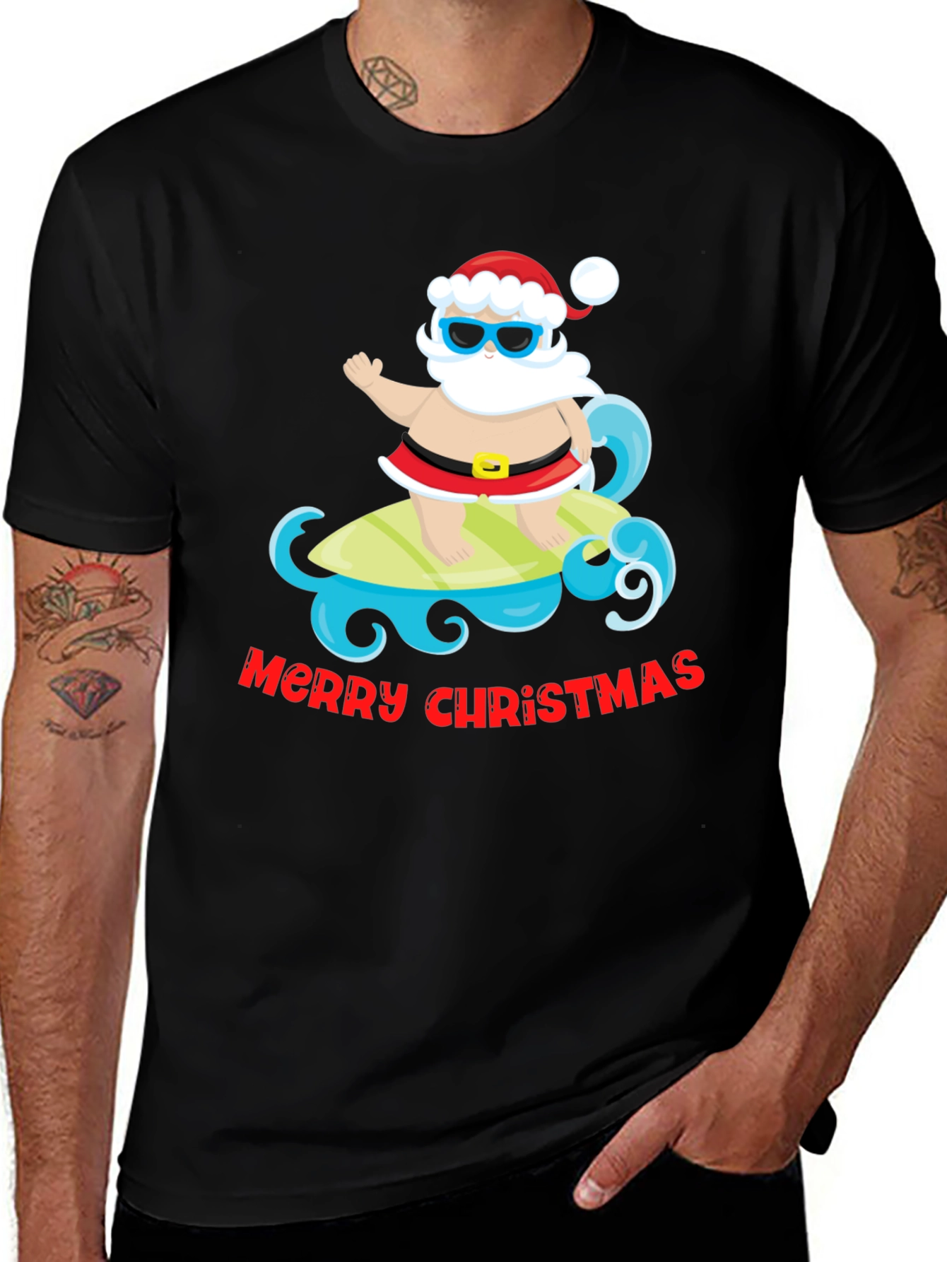 Variant 26 of Surfing Santa Merry Christmas Black T-Shirt