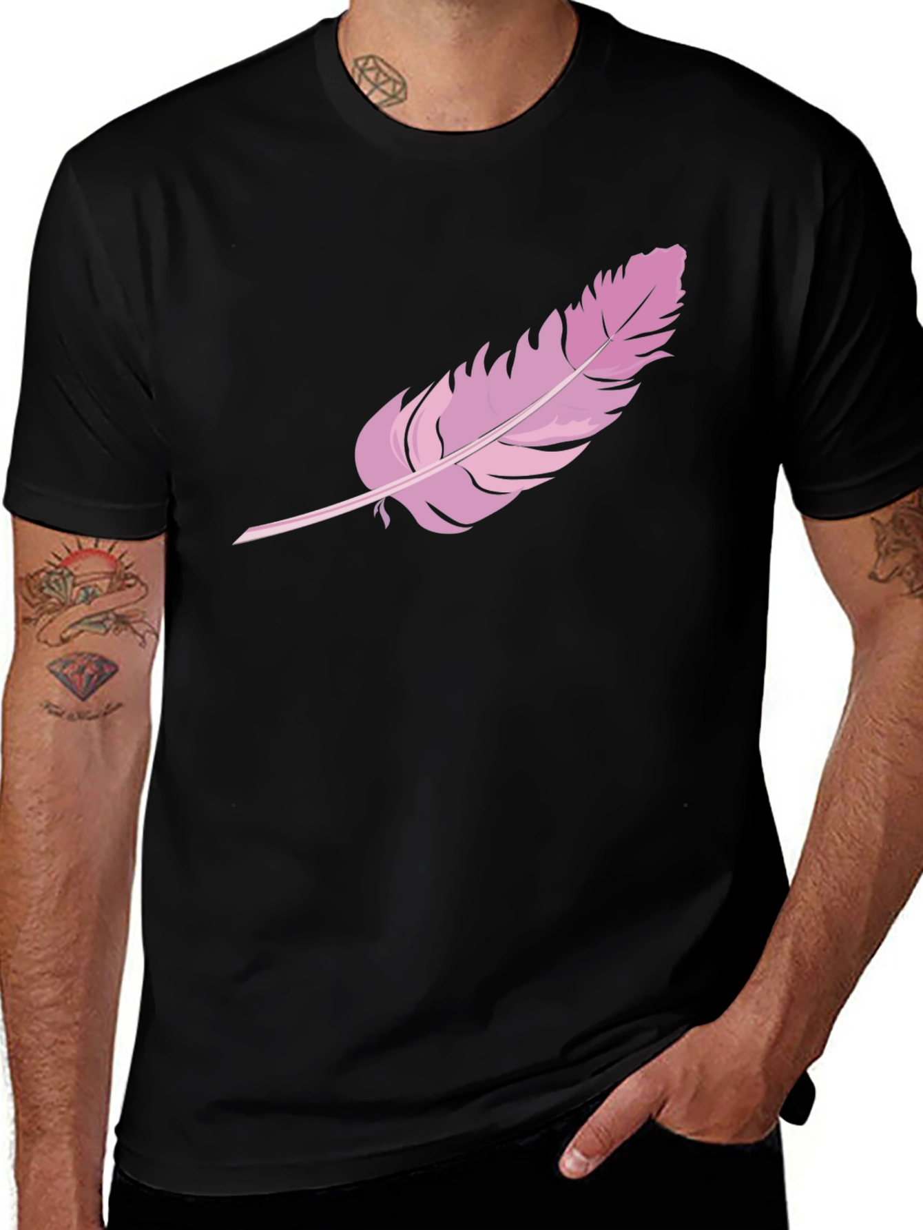 Black T-Shirt with Pink Feather Graphic Print
