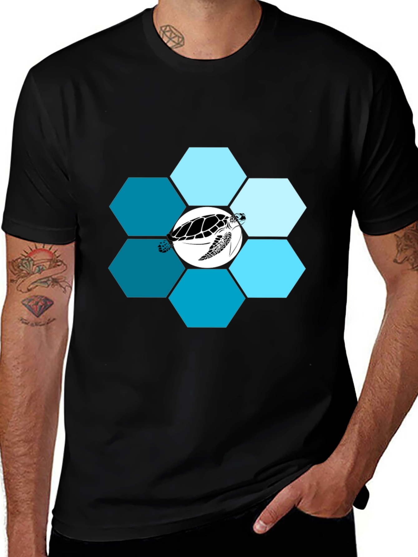 Variant 26 of Sea Turtle Hexagon T-Shirt - Black Cotton Tee