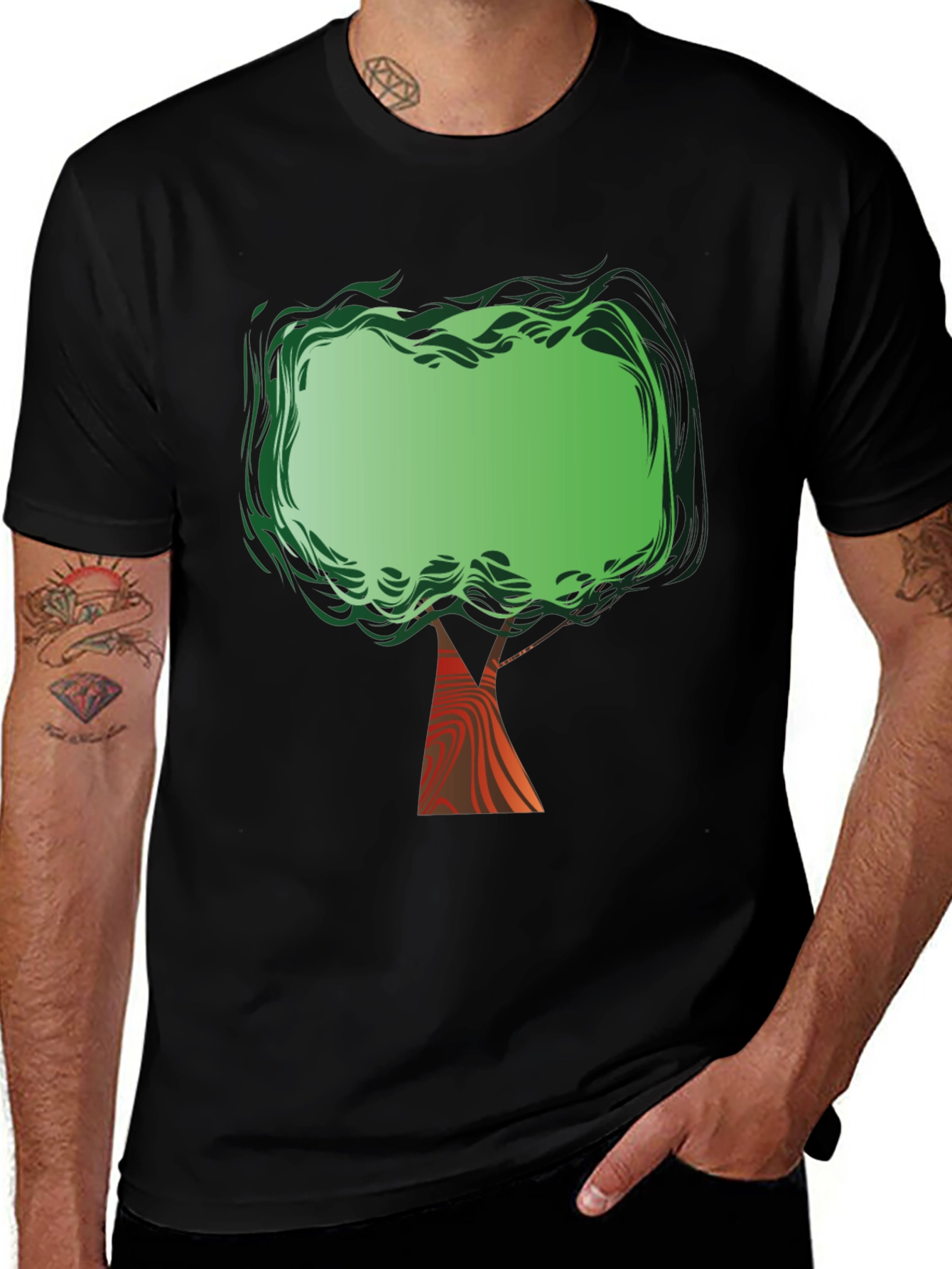 Green Tree Graphic Print Black T-Shirt
