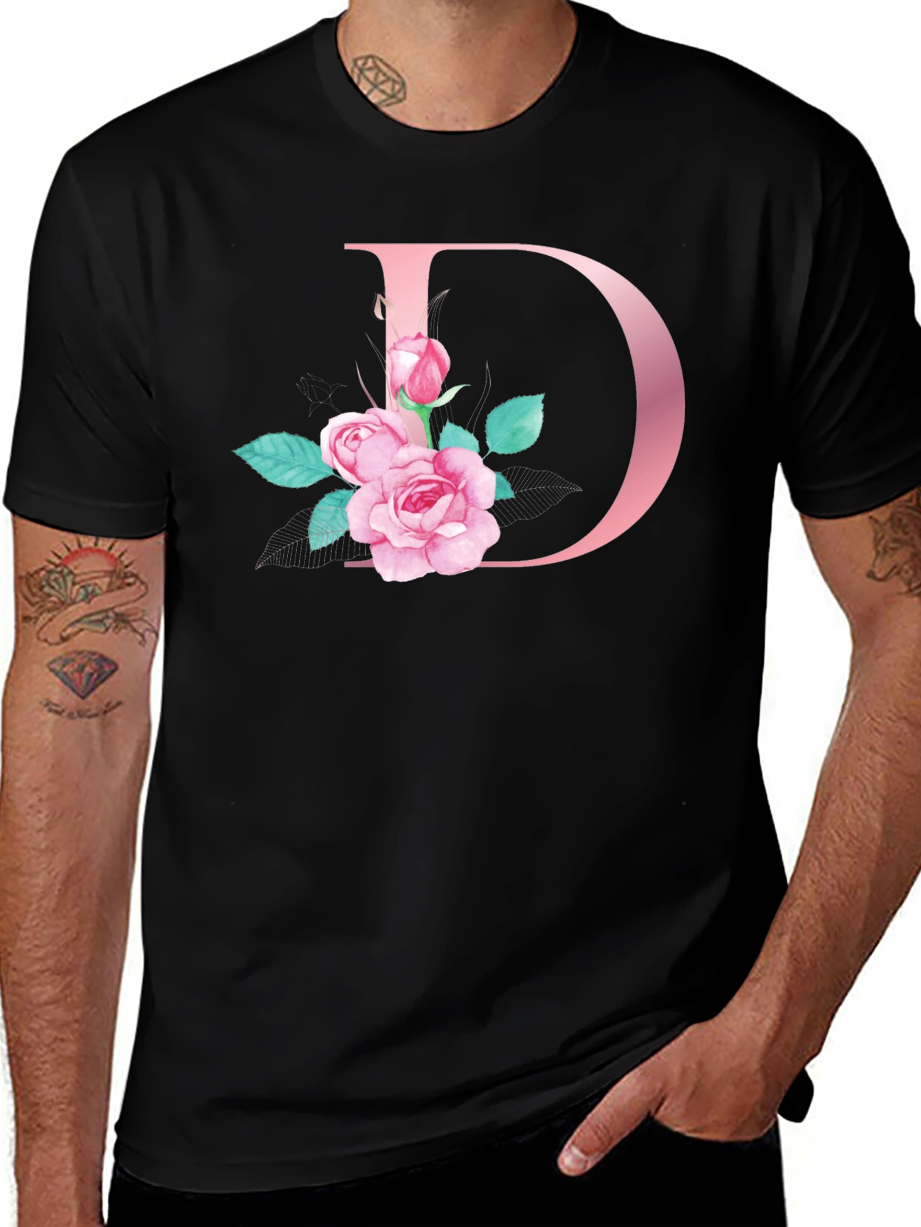 Variant 2 of Floral Letter D Black T-Shirt
