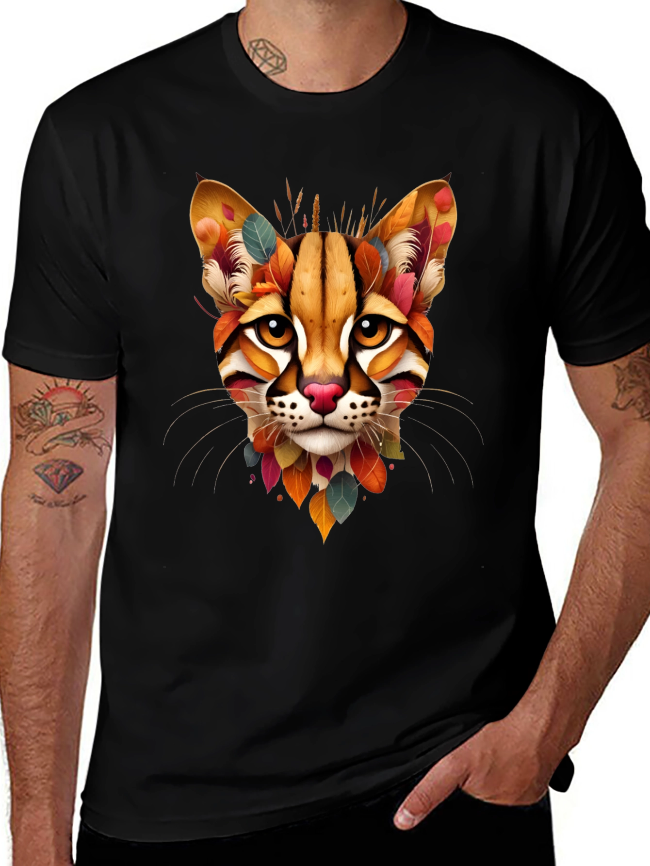 Colorful Cat Face Graphic Black T-Shirt