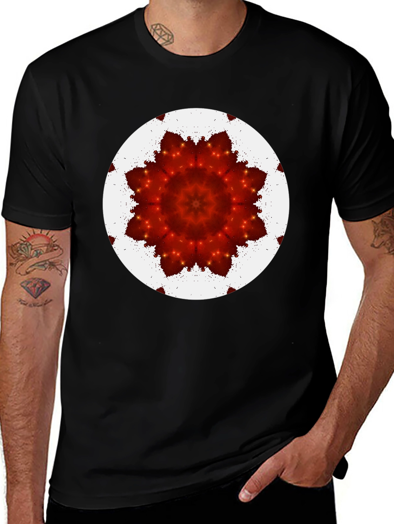 Variant 22 of Red Floral Kaleidoscope Print Black T-Shirt