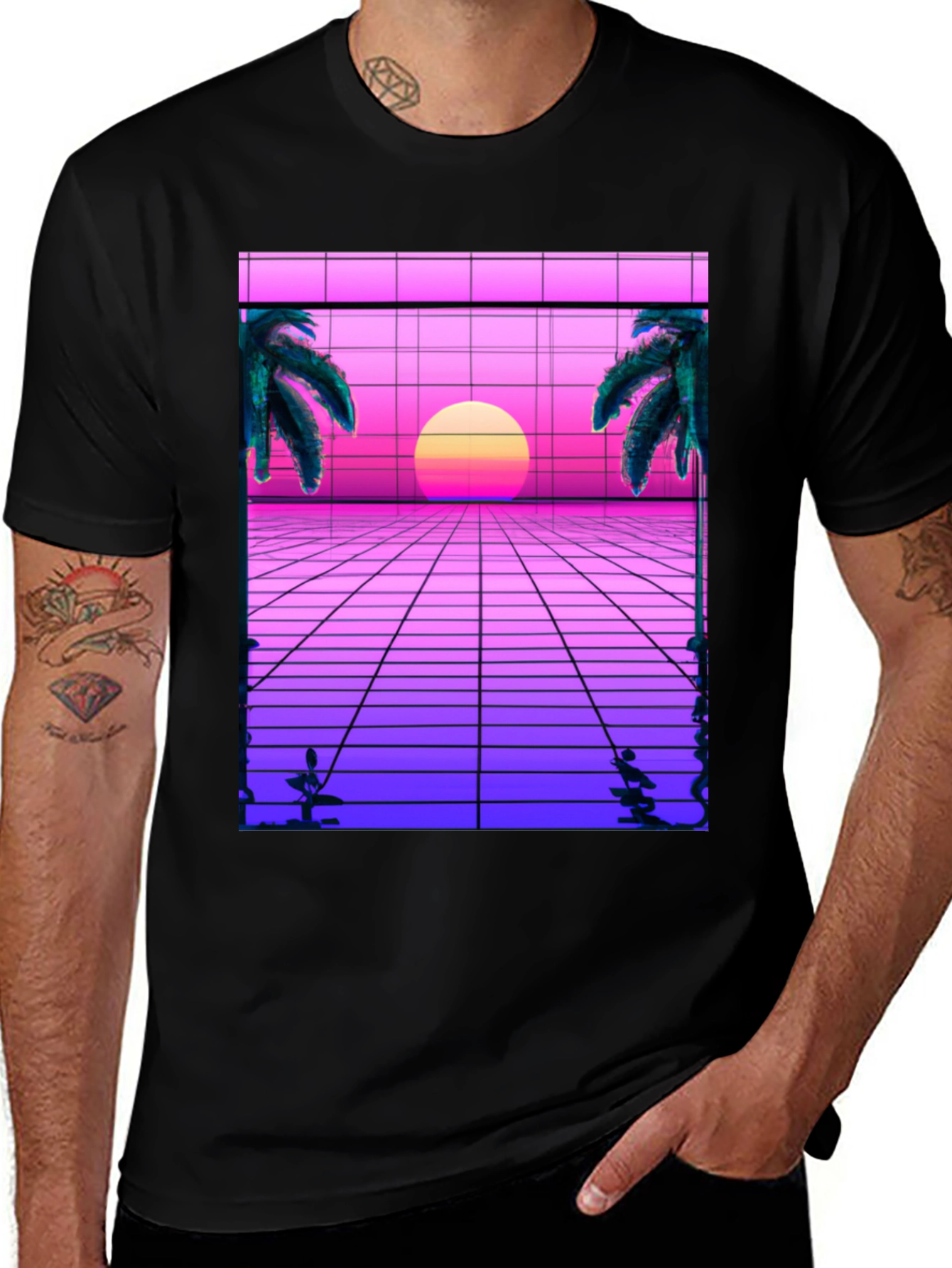 Variant 6 of Retro Sunset Graphic Tee - Black Cotton