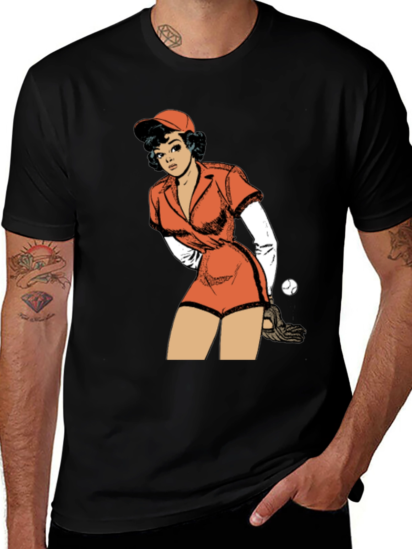 Variant 10 of Retro Baseball Girl T-Shirt - Black Tee
