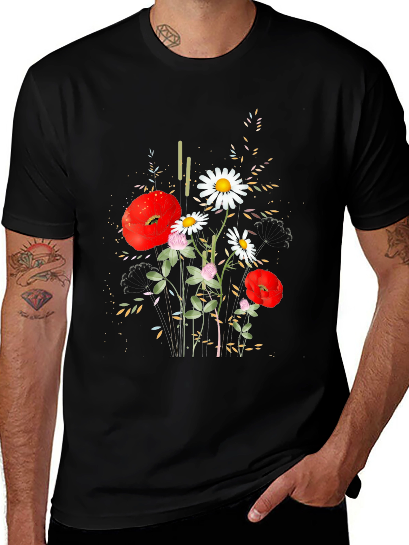Variant 17 of Floral Print Black Cotton T-Shirt