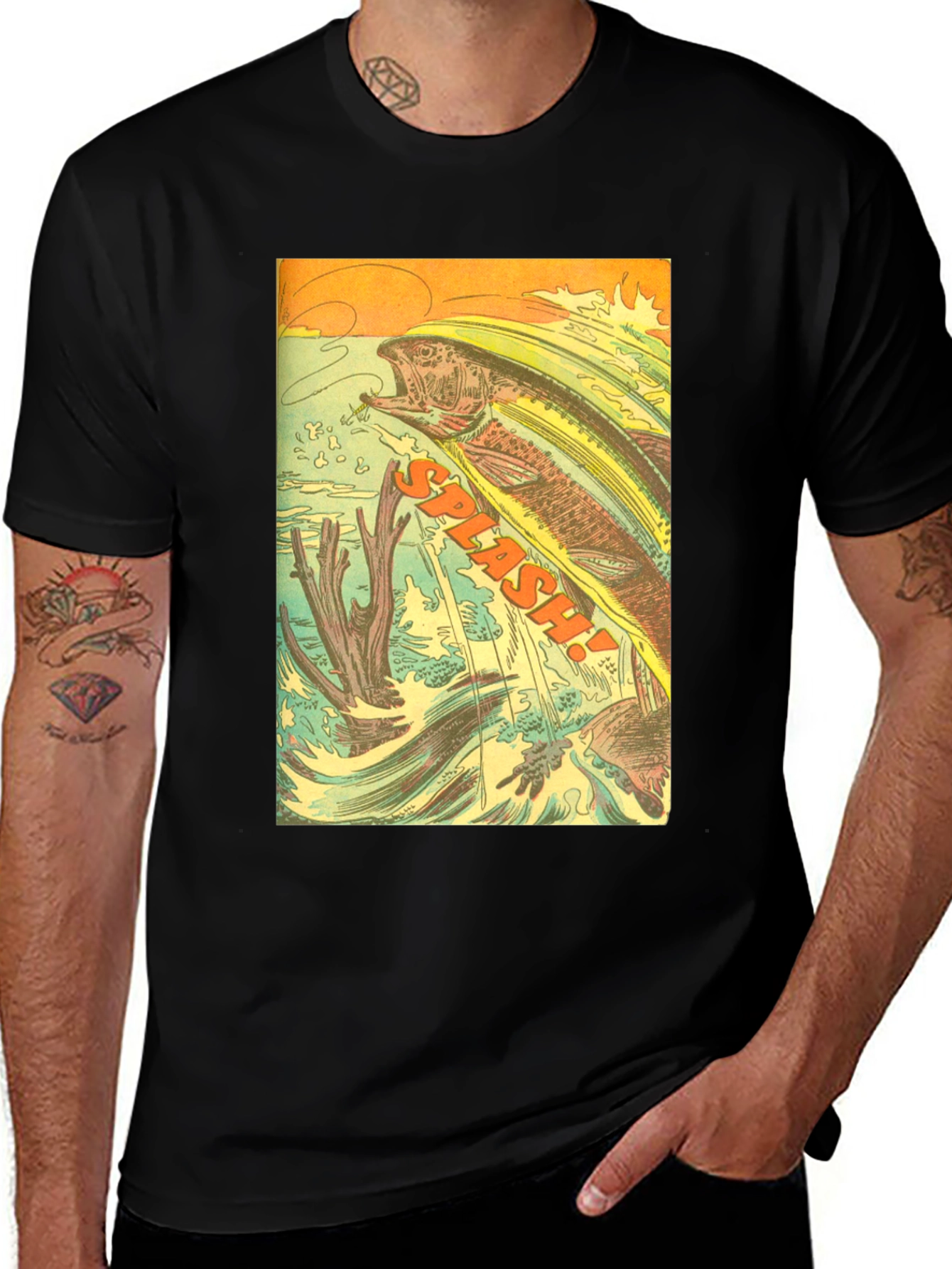 Variant 15 of Comic Book Fish Splash Graphic Black T-Shirt
