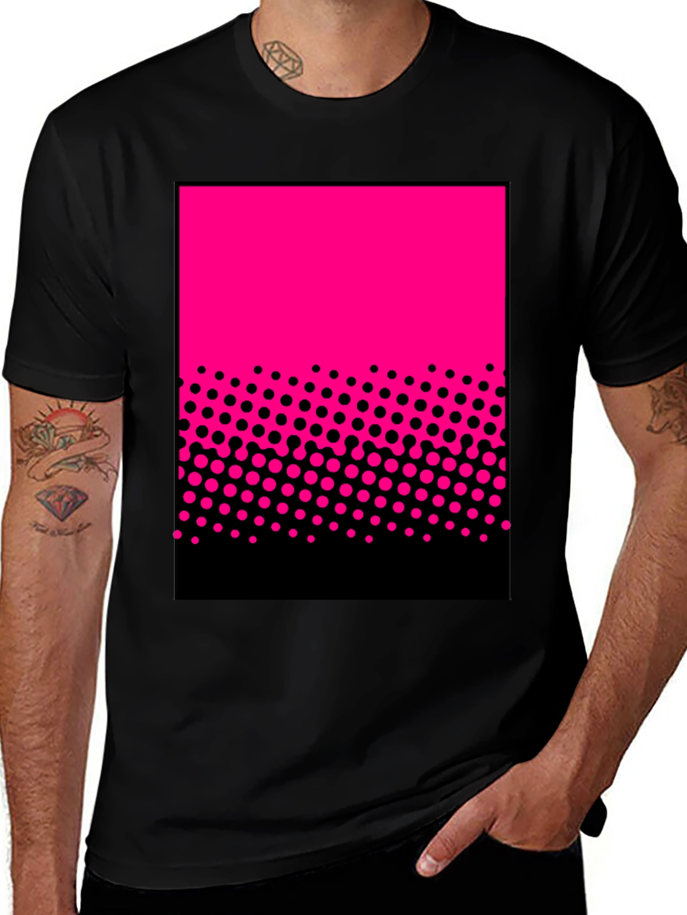 Modern Pink Halftone Graphic Black T-Shirt